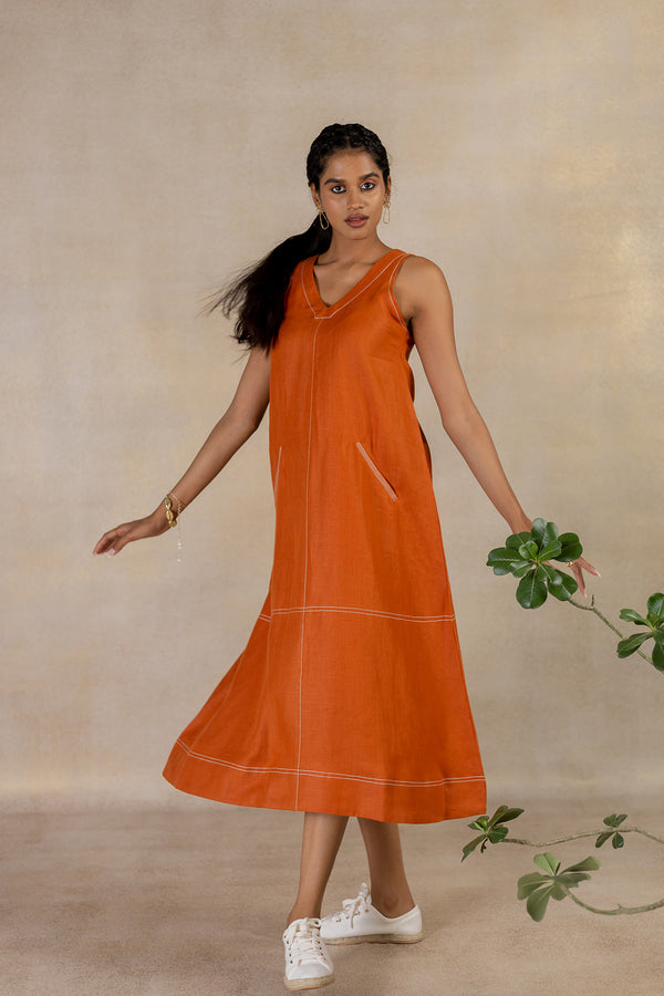 Day 25 - Linen Sleeveless A-line Welt Pocket  Dress - Tan Rust