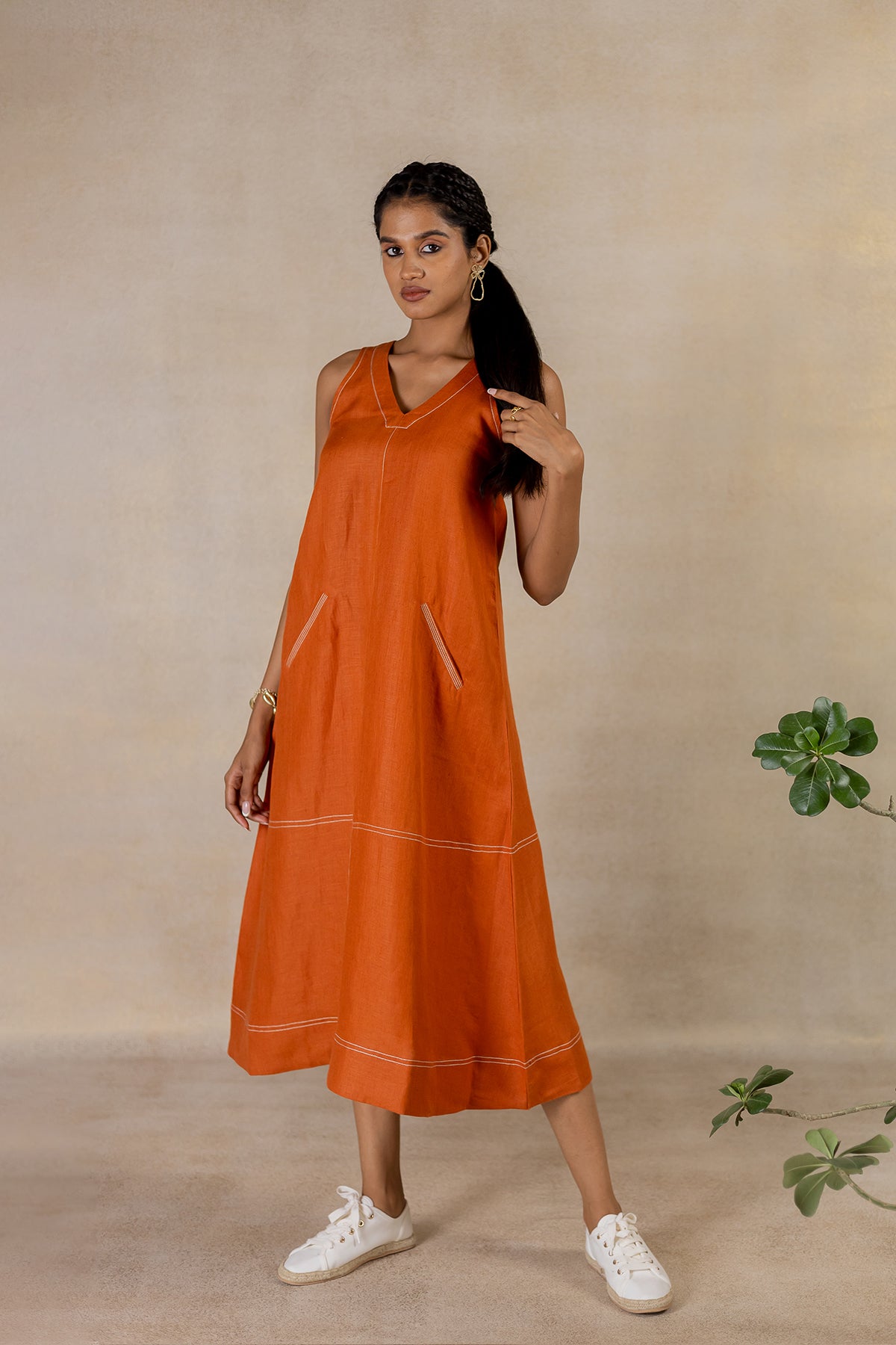 Day 25 - Linen Sleeveless A-line Welt Pocket Dress - Tan Rust