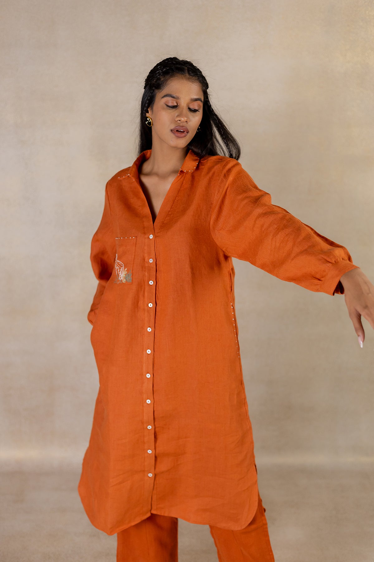 Day 28 - Linen Long Shirt Dress - Tan Rust