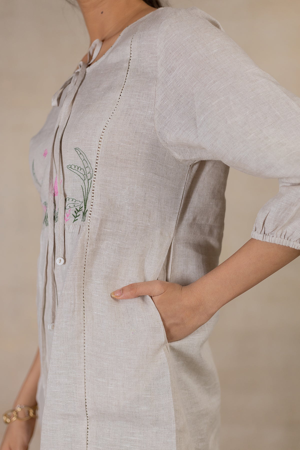 Day 17 - Linen Front Tie-neck Top With Pocket - Ecru