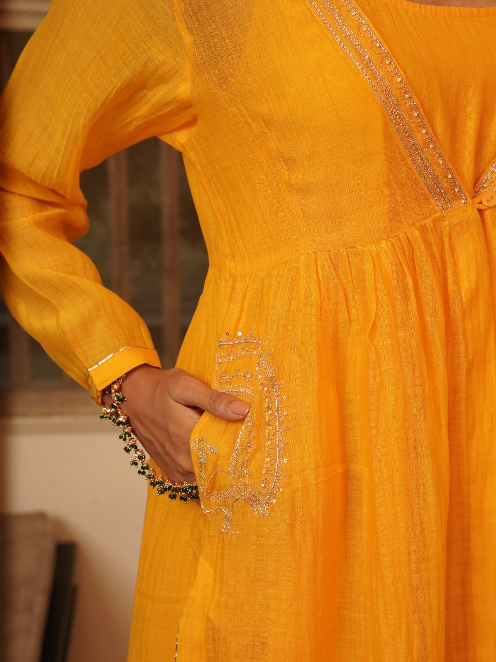 Chanderi Mor Overlay - kesariya peela
