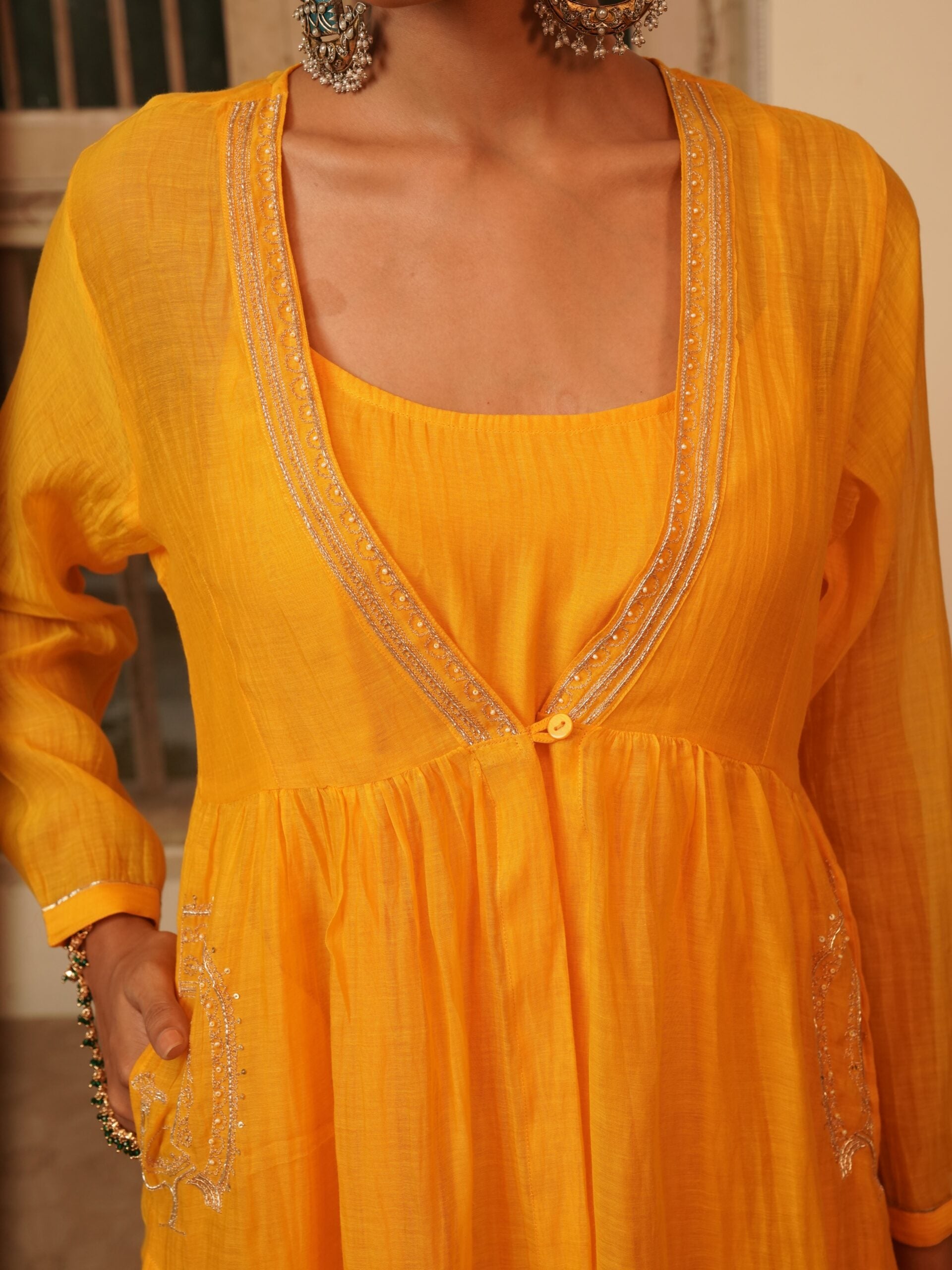Chanderi Mor Overlay - kesariya peela
