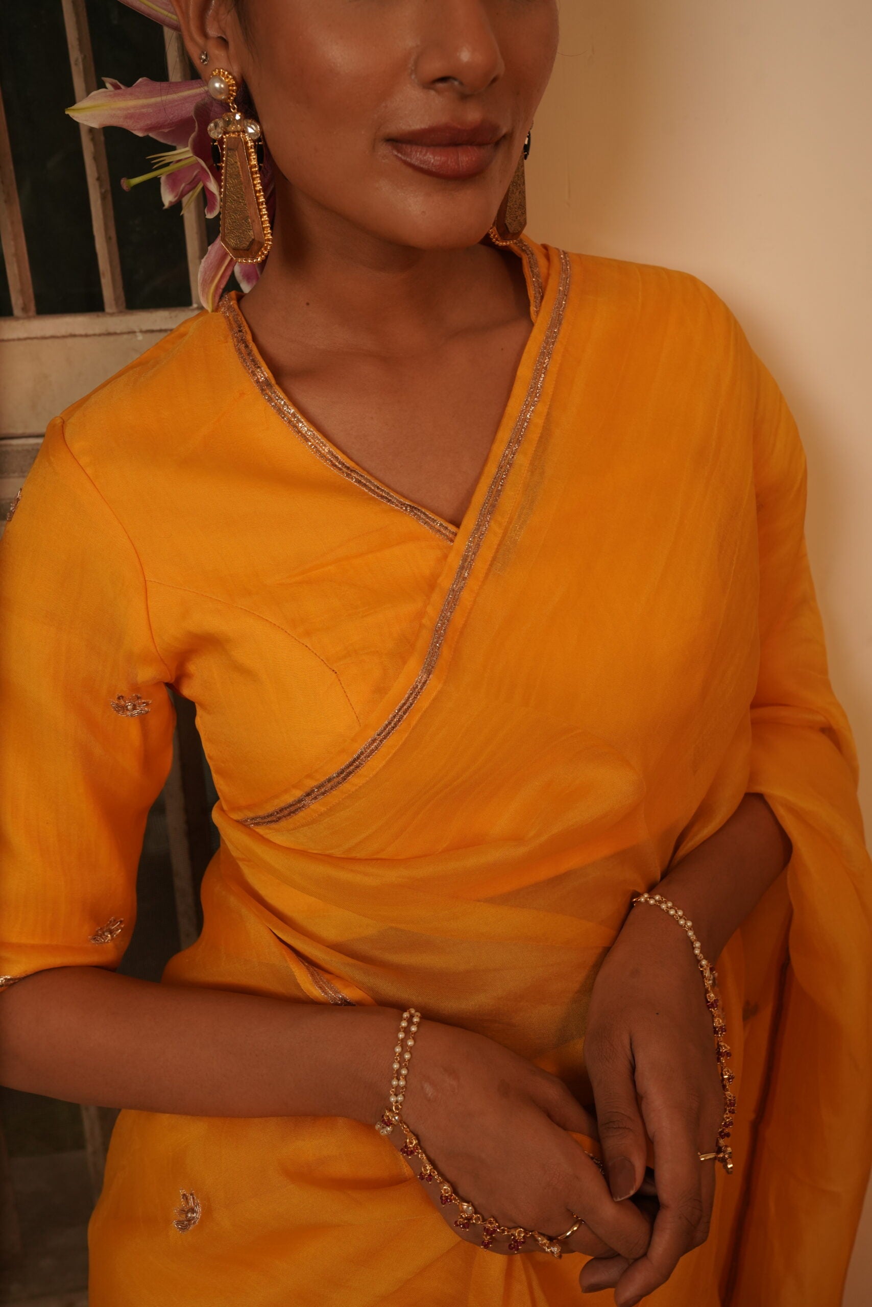 Silk organza Blouse - kesariya peela