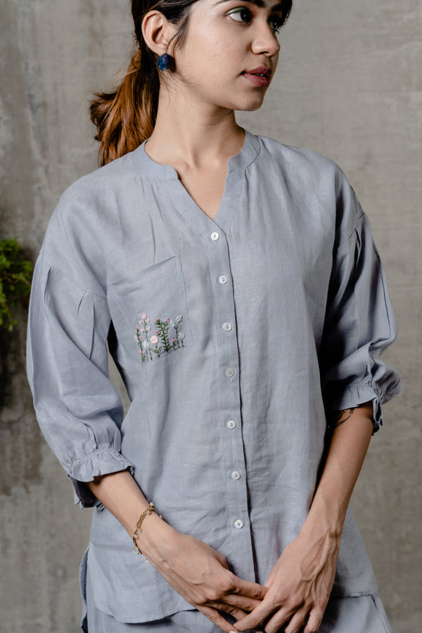 Emma Linen Shirt with Patch Pocket- Powder Blue