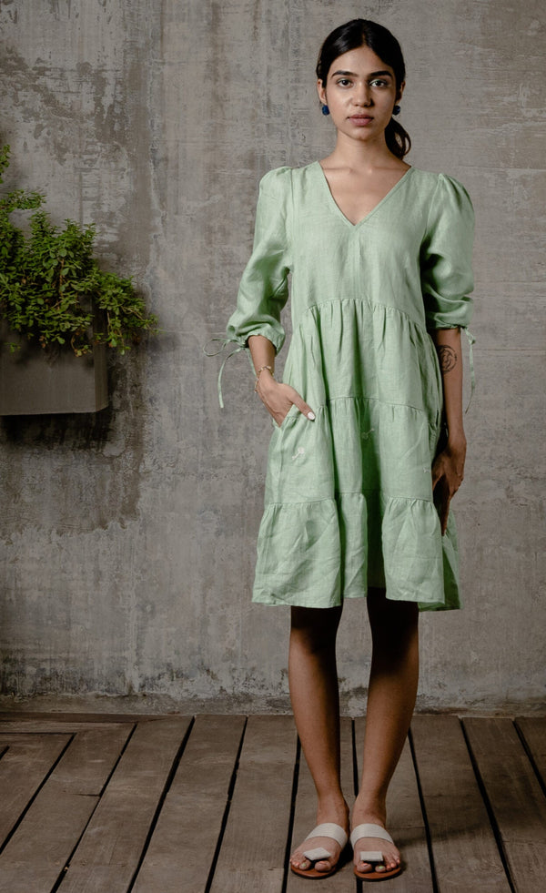 MADONNA LINEN V-NECK DRESS - Pista
