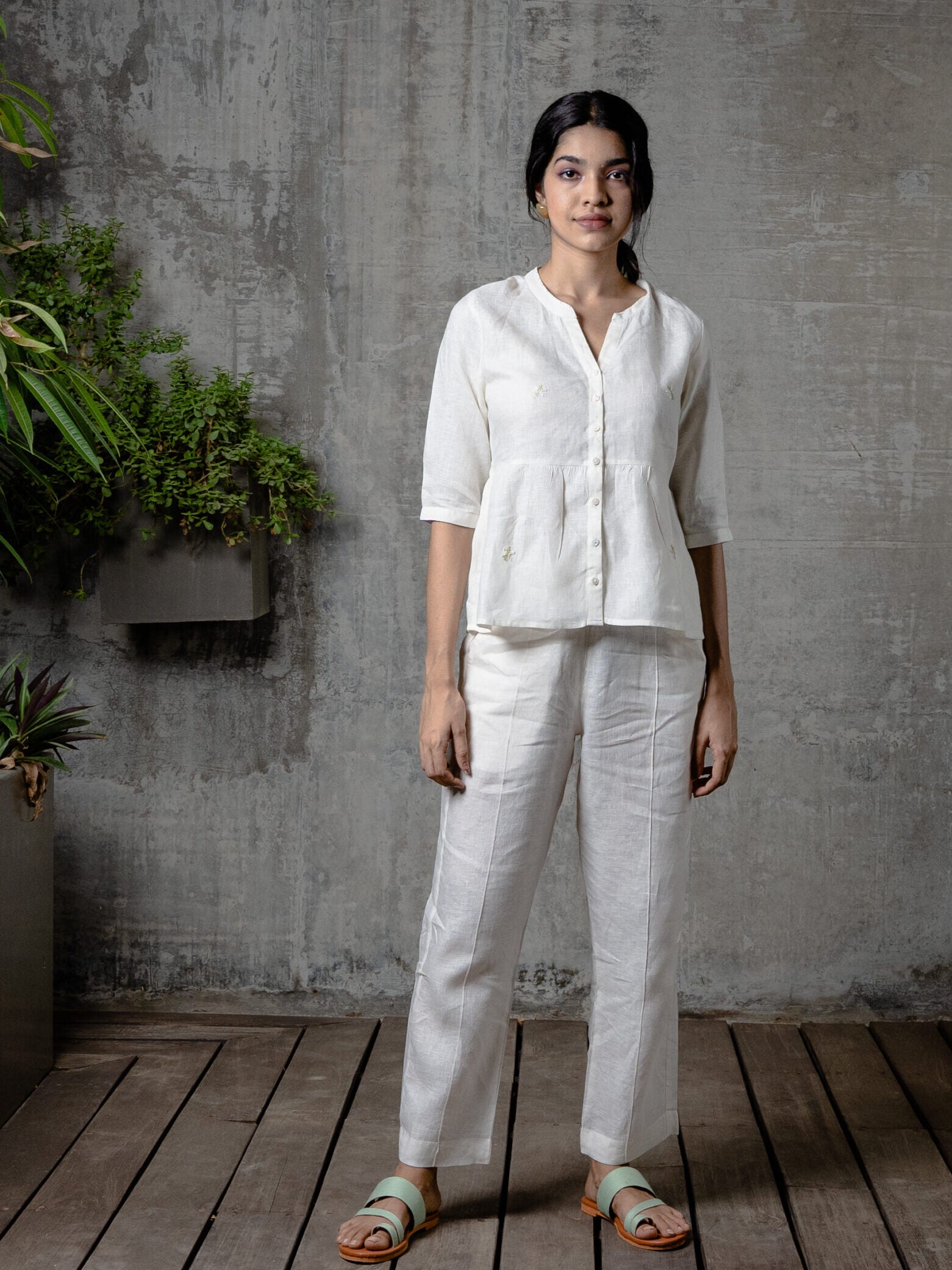 Full Placket Peplum Top - Off White