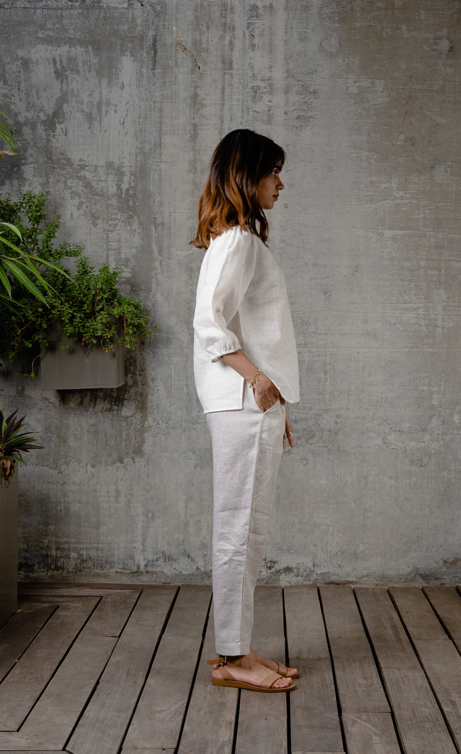 Linen Round Neck Top - Off White
