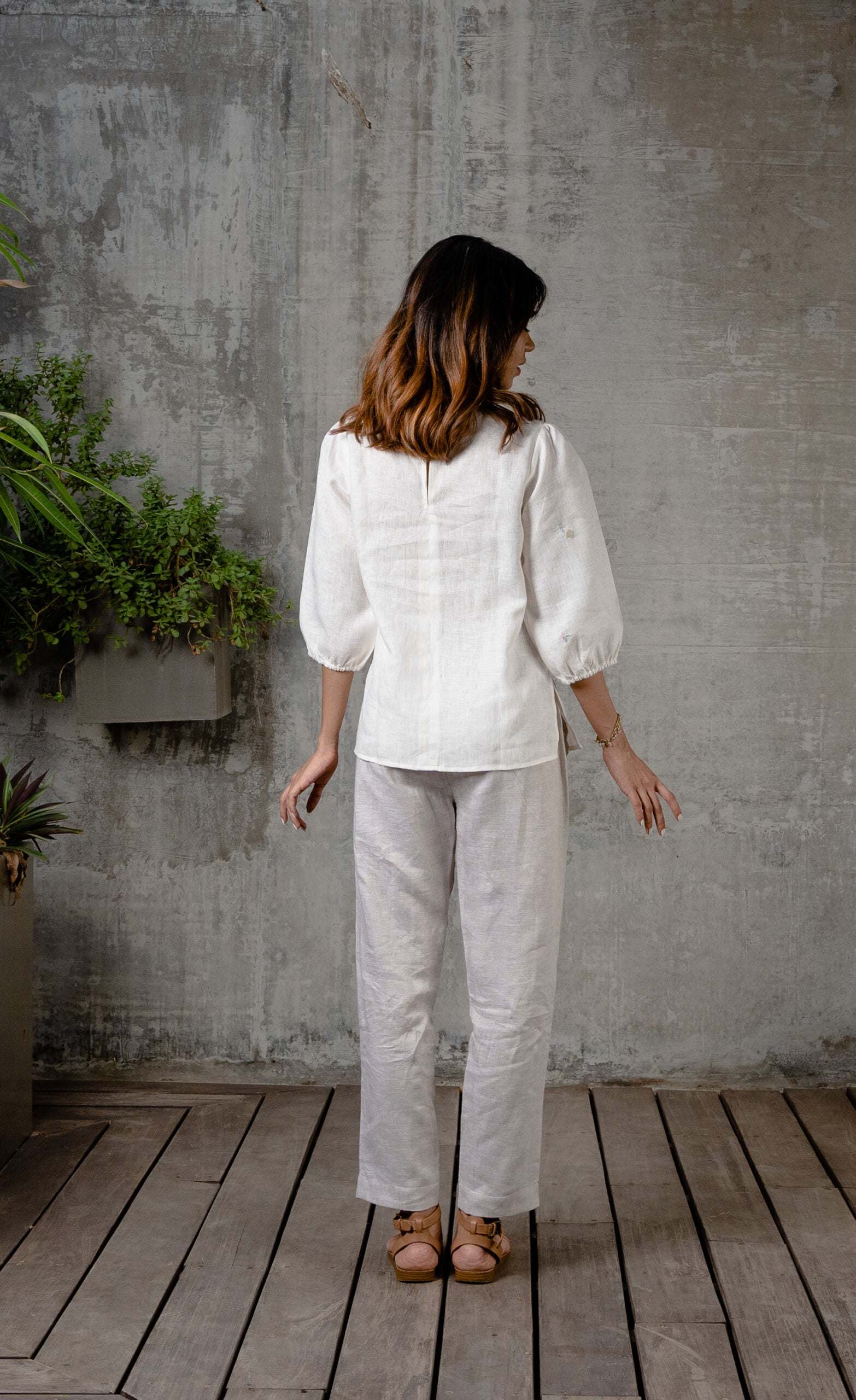 Linen Round Neck Top - Off White
