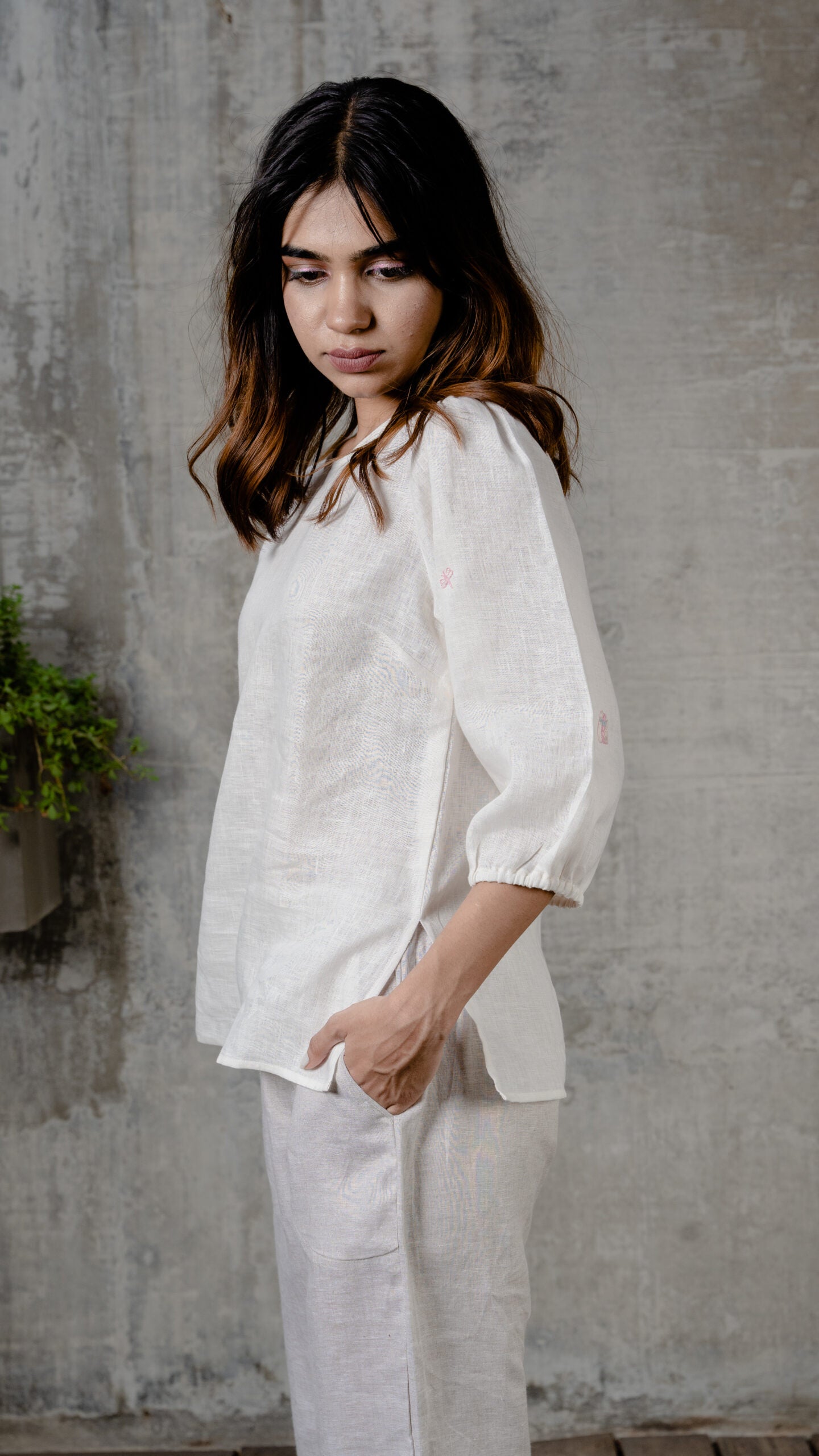 Linen Round Neck Top - Off White