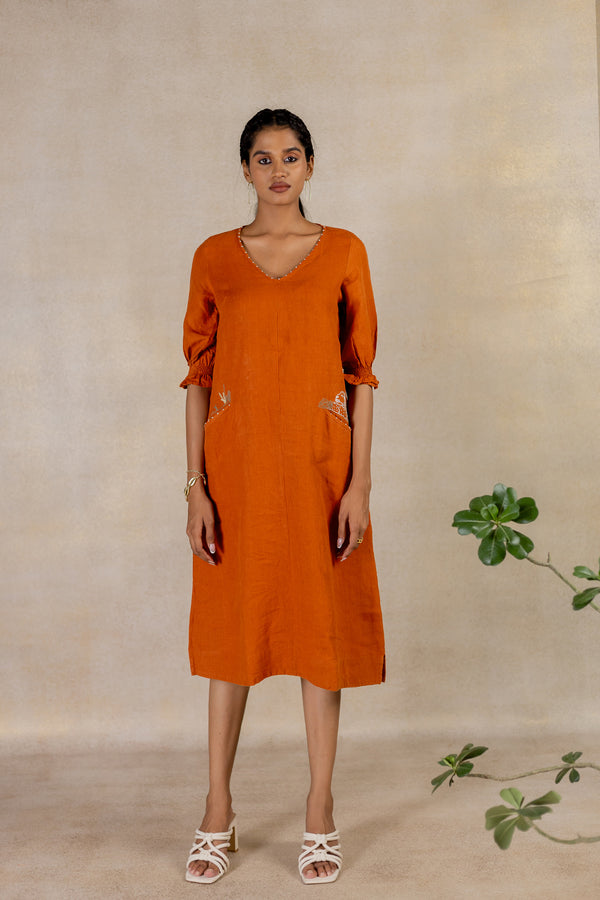 Day 11 - Linen A-line Diagonal Welt Pocket Dress - Tan Rust