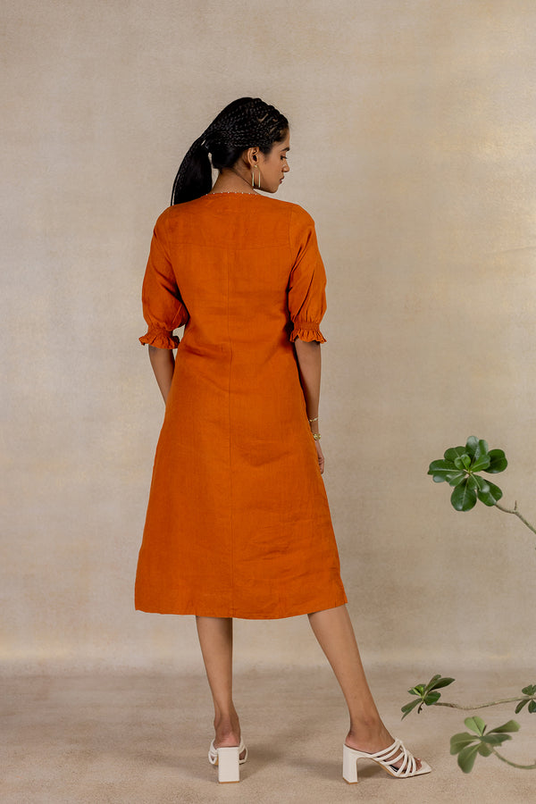 Day 11 - Linen A-line Diagonal Welt Pocket Dress - Tan Rust