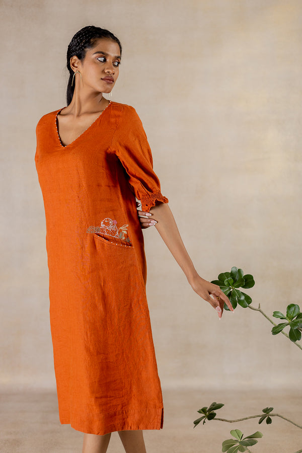 Day 11 - Linen A-line Diagonal Welt Pocket Dress - Tan Rust