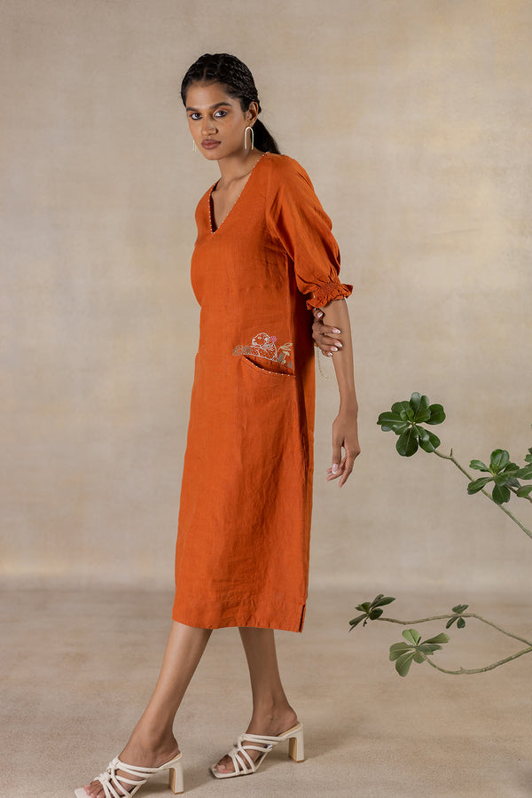 Day 11 - Linen A-line Diagonal Welt Pocket Dress - Tan Rust