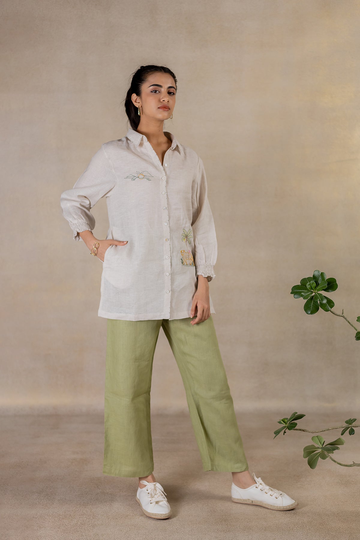 Day 2 - Linen Bobbin Elastic Sleeve Shirt With Pocket - Ecru