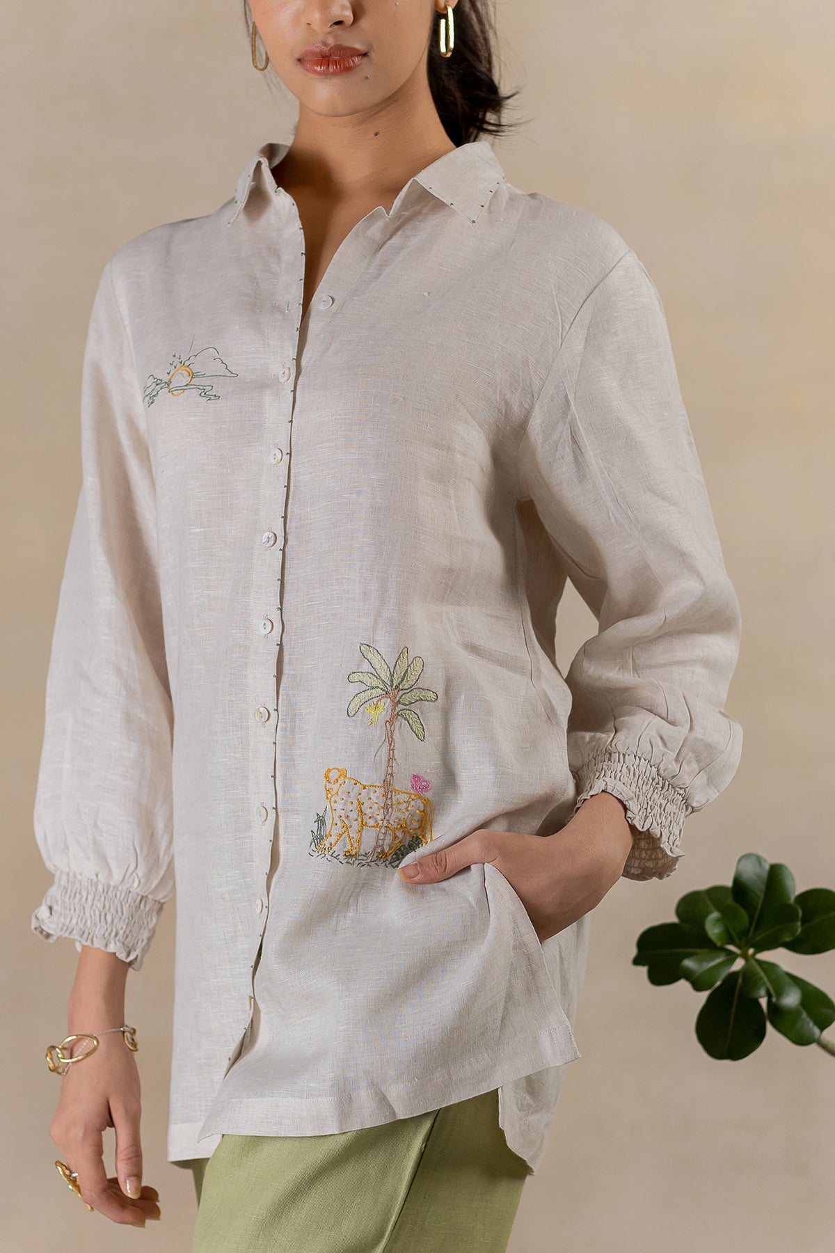 Day 2 - Linen Bobbin Elastic Sleeve Shirt With Pocket - Ecru