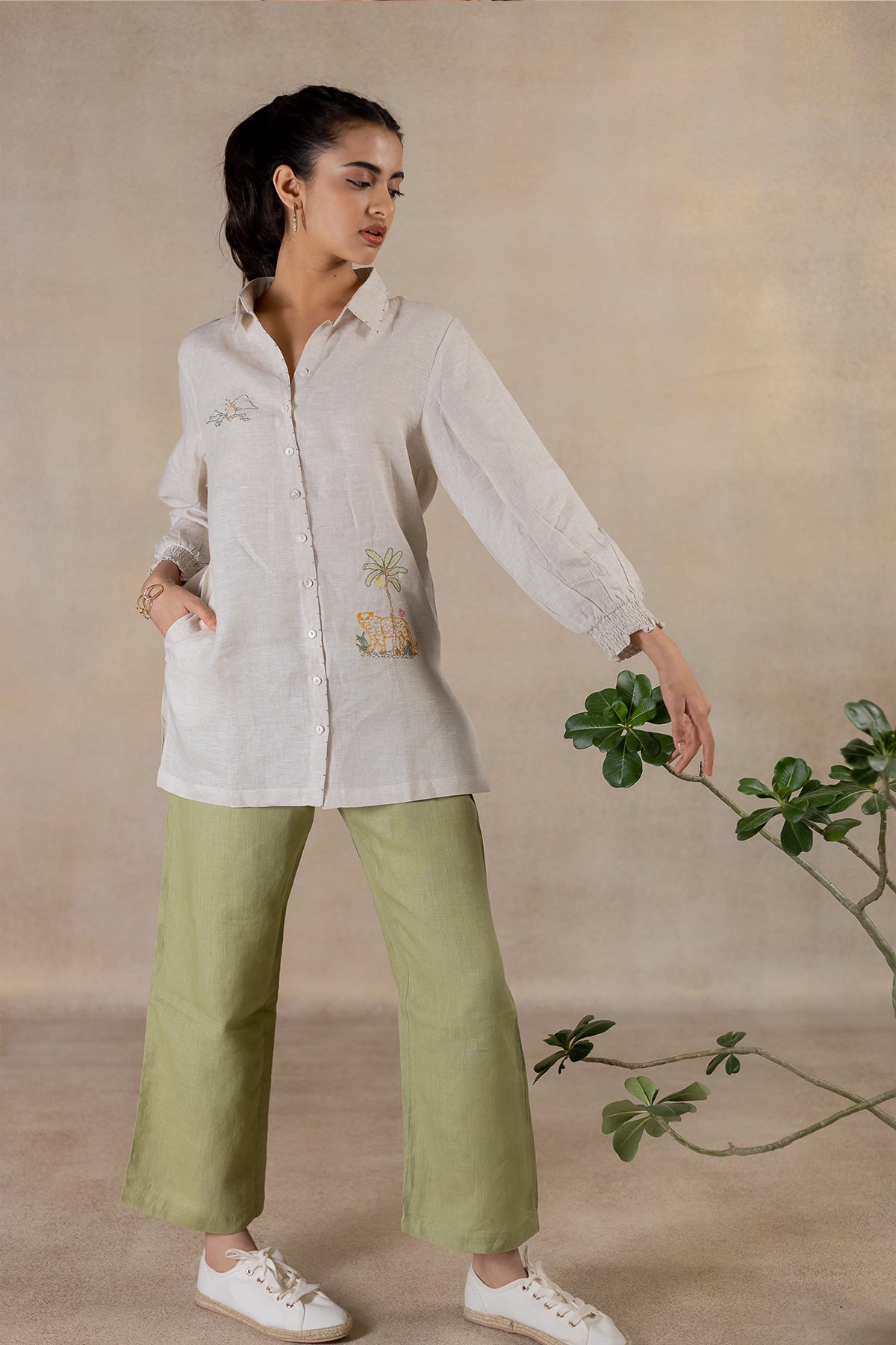 Day 2 - Linen Bobbin Elastic Sleeve Shirt With Pocket - Ecru