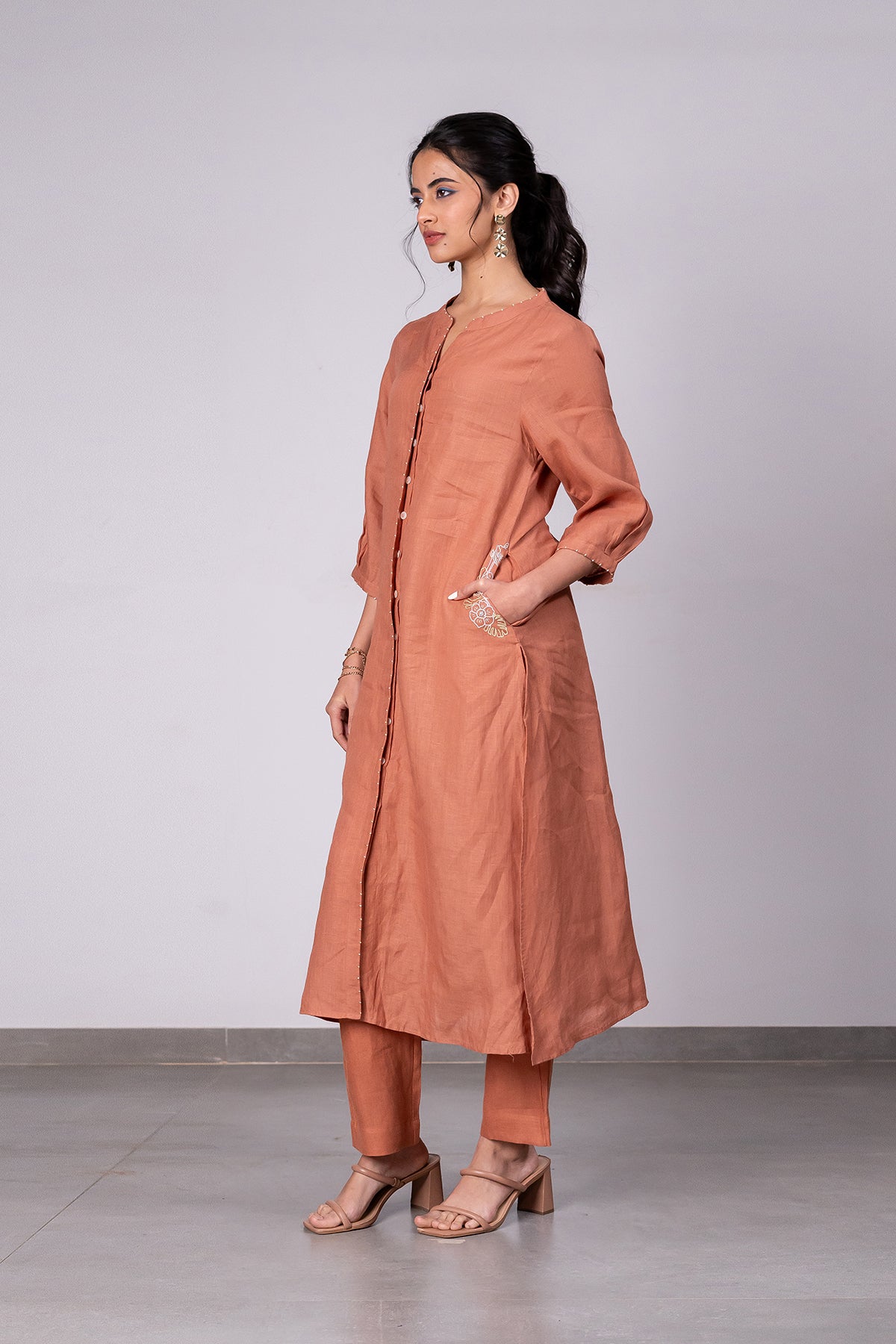 Demi Linen Buttoned Kurta- Pant Set With Pockets – Sand Brown