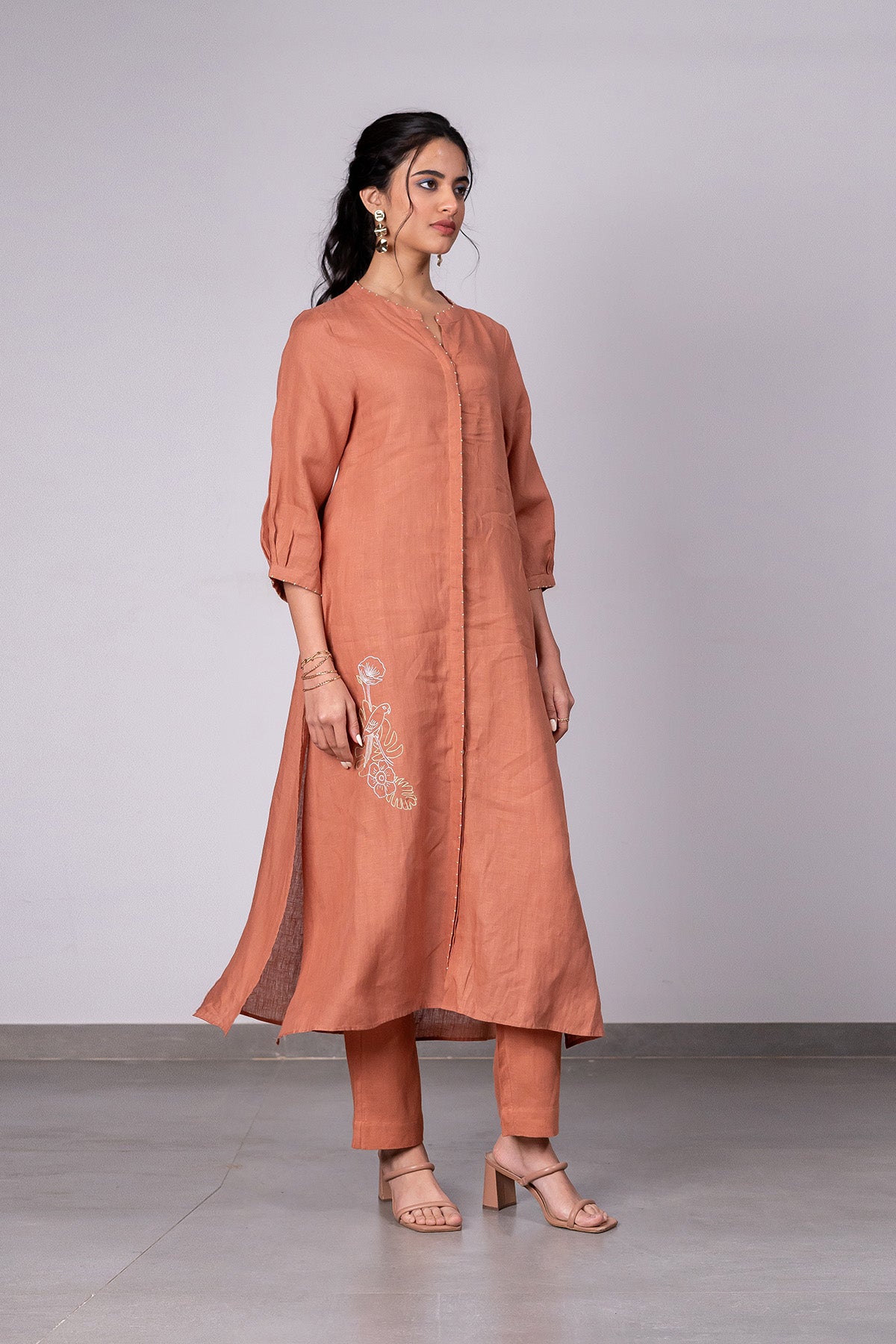 Demi Linen Buttoned Kurta- Pant Set With Pockets – Sand Brown