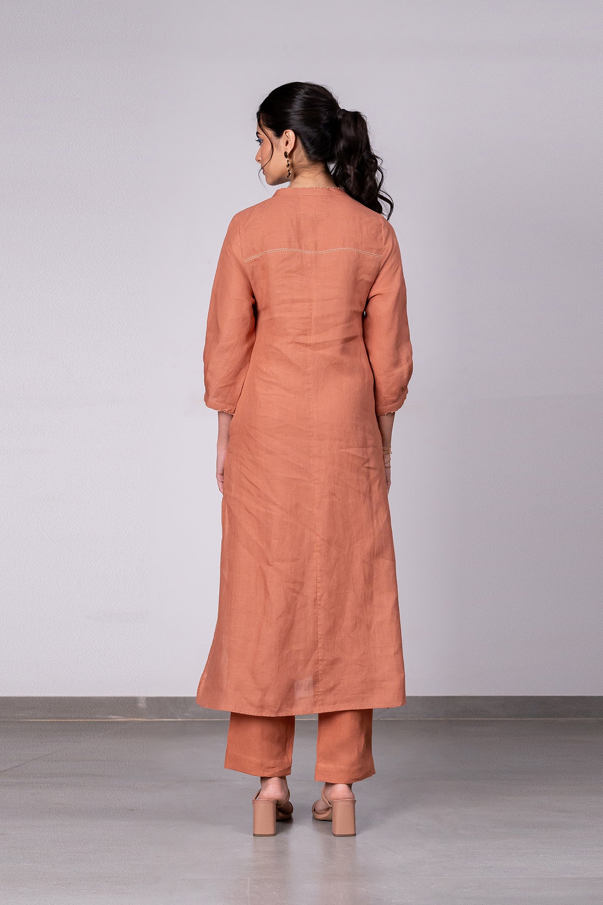 Demi Linen Buttoned Kurta- Pant Set With Pockets – Sand Brown