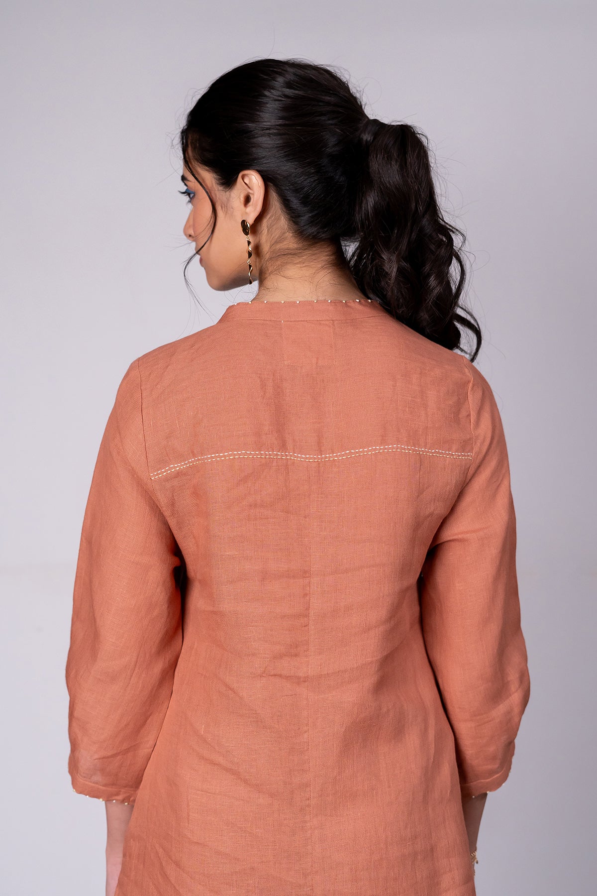 Demi Linen Buttoned Kurta- Pant Set With Pockets – Sand Brown