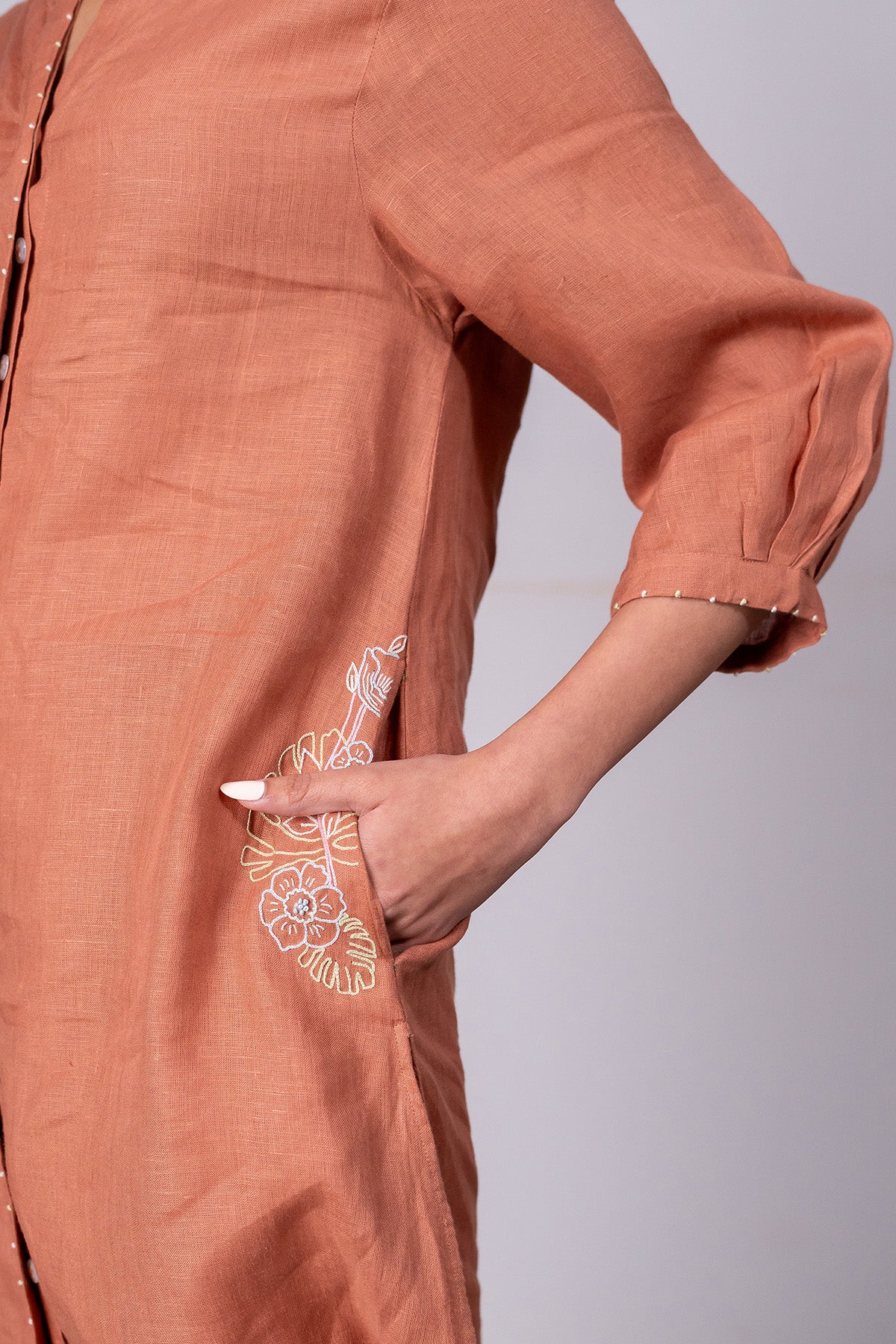 Demi Linen Buttoned Kurta- Pant Set With Pockets – Sand Brown