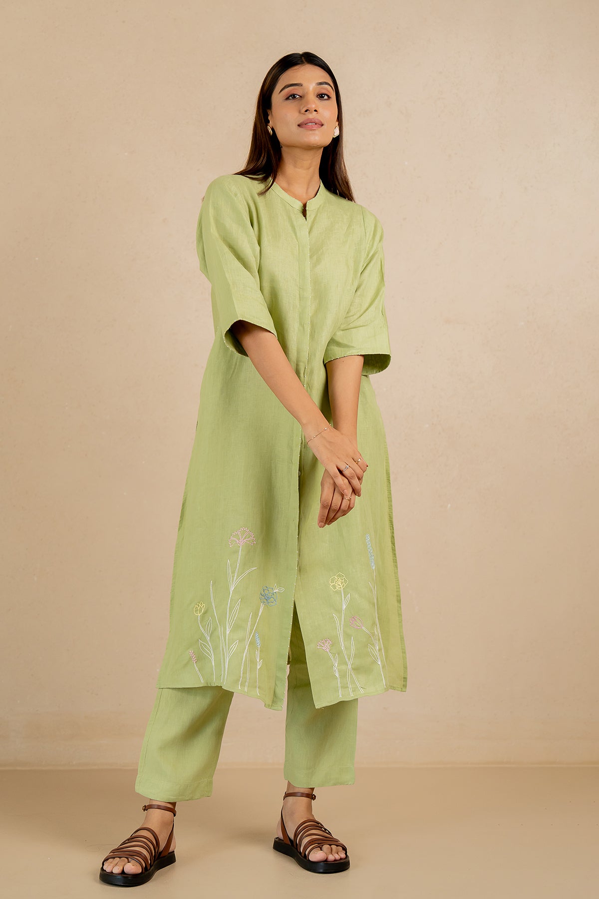 Demi-Linen-Buttoned-Kurta-and-Pant-Set-With-Pockets-Algae-Green-