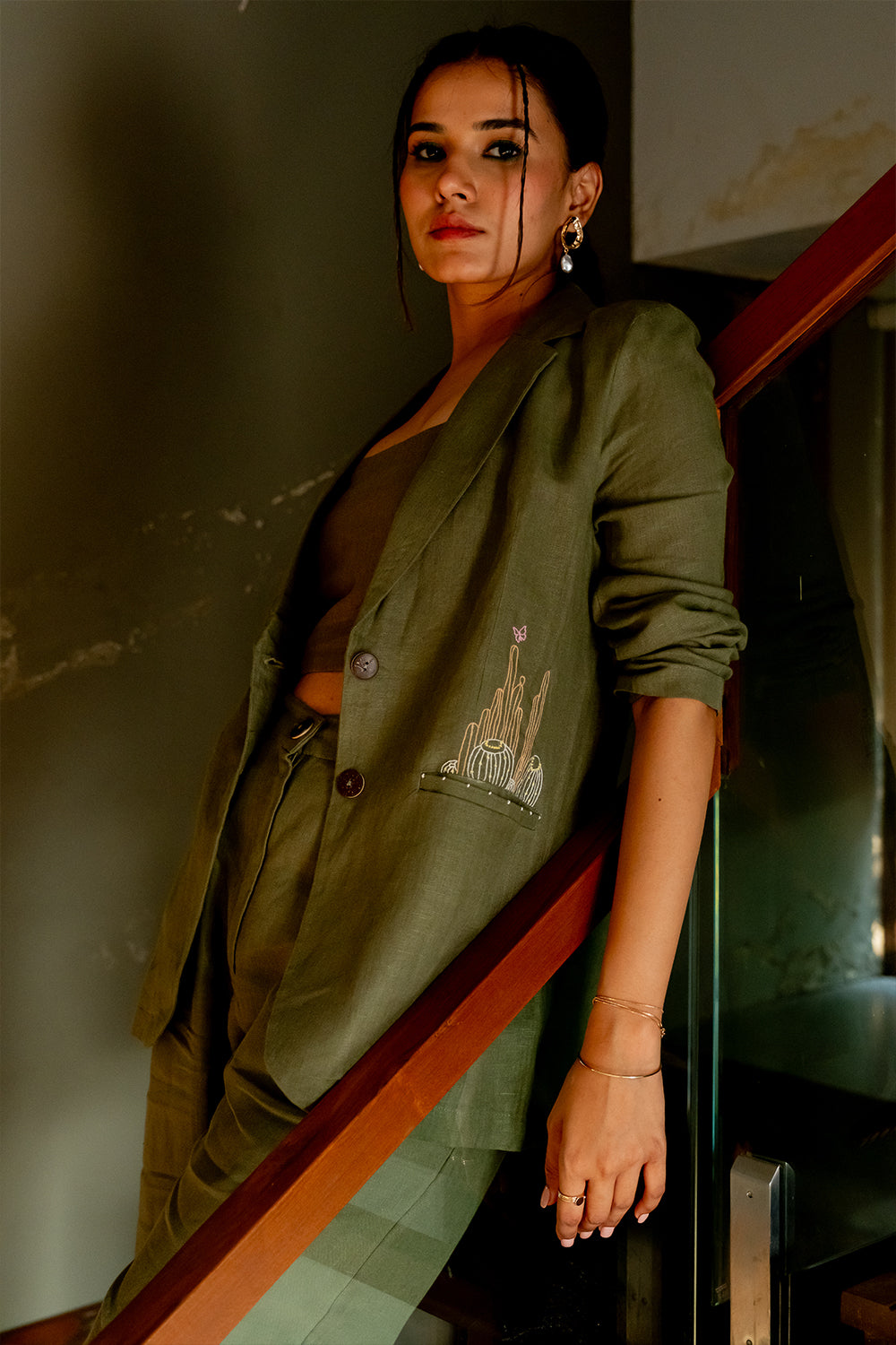 Diane Linen Blazer with Welt Pockets - Olive Green