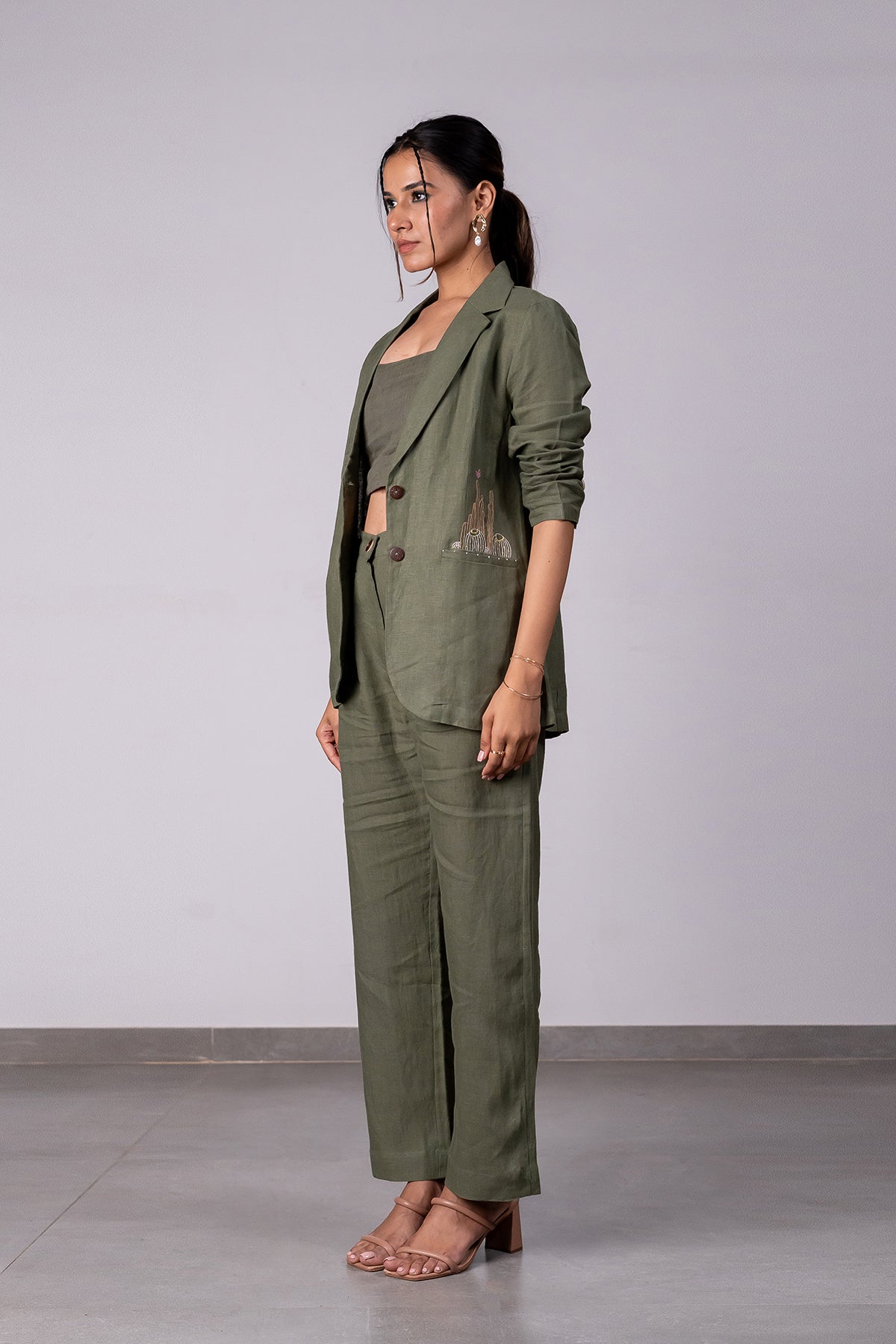 Diane Linen Blazer with Welt Pockets - Olive Green