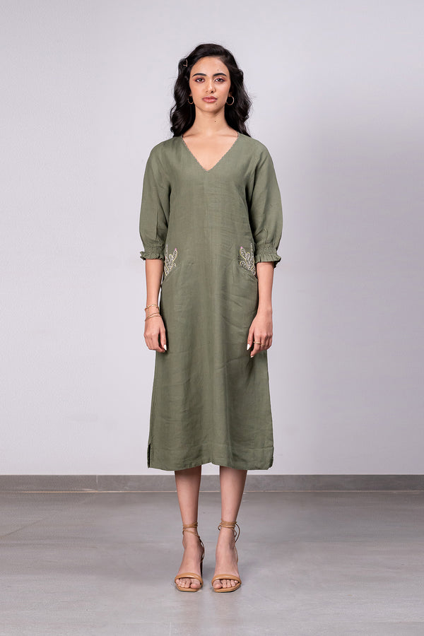 Elena Linen A-line Dress with welt pockets - Olive Green