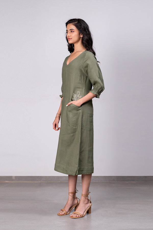 Elena Linen A-line Dress with welt pockets - Olive Green