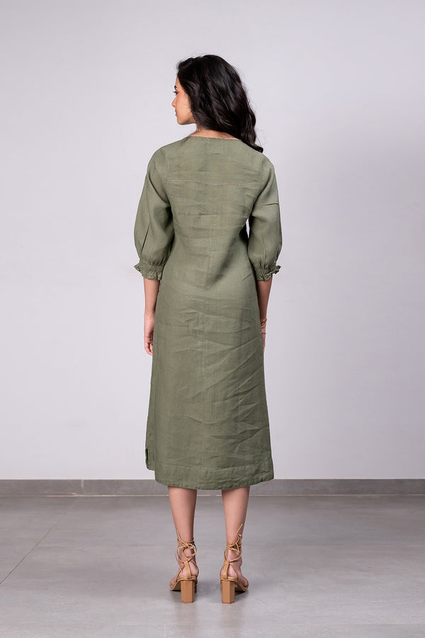 Elena Linen A-line Dress with welt pockets - Olive Green