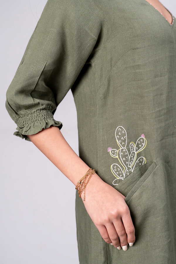 Elena Linen A-line Dress with welt pockets - Olive Green