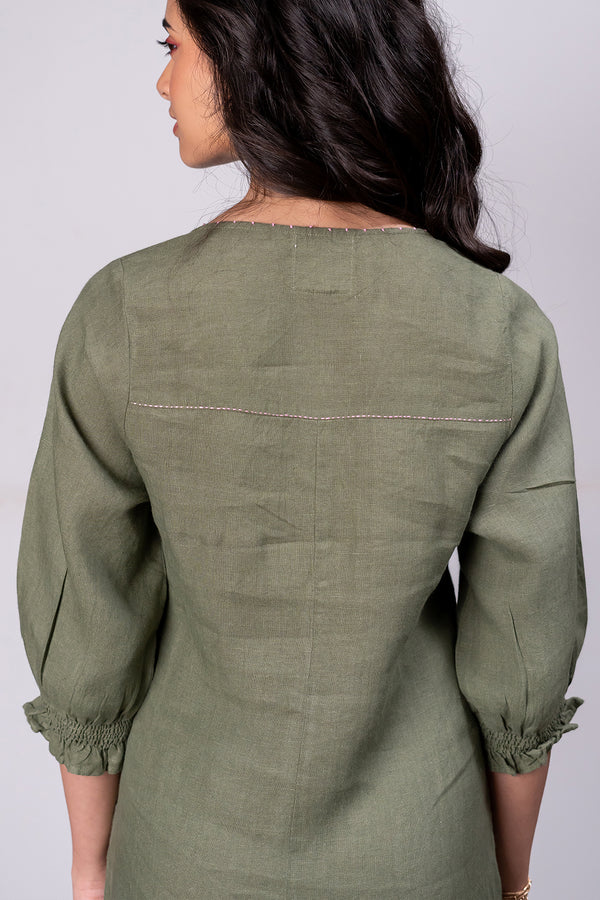 Elena Linen A-line Dress with welt pockets - Olive Green