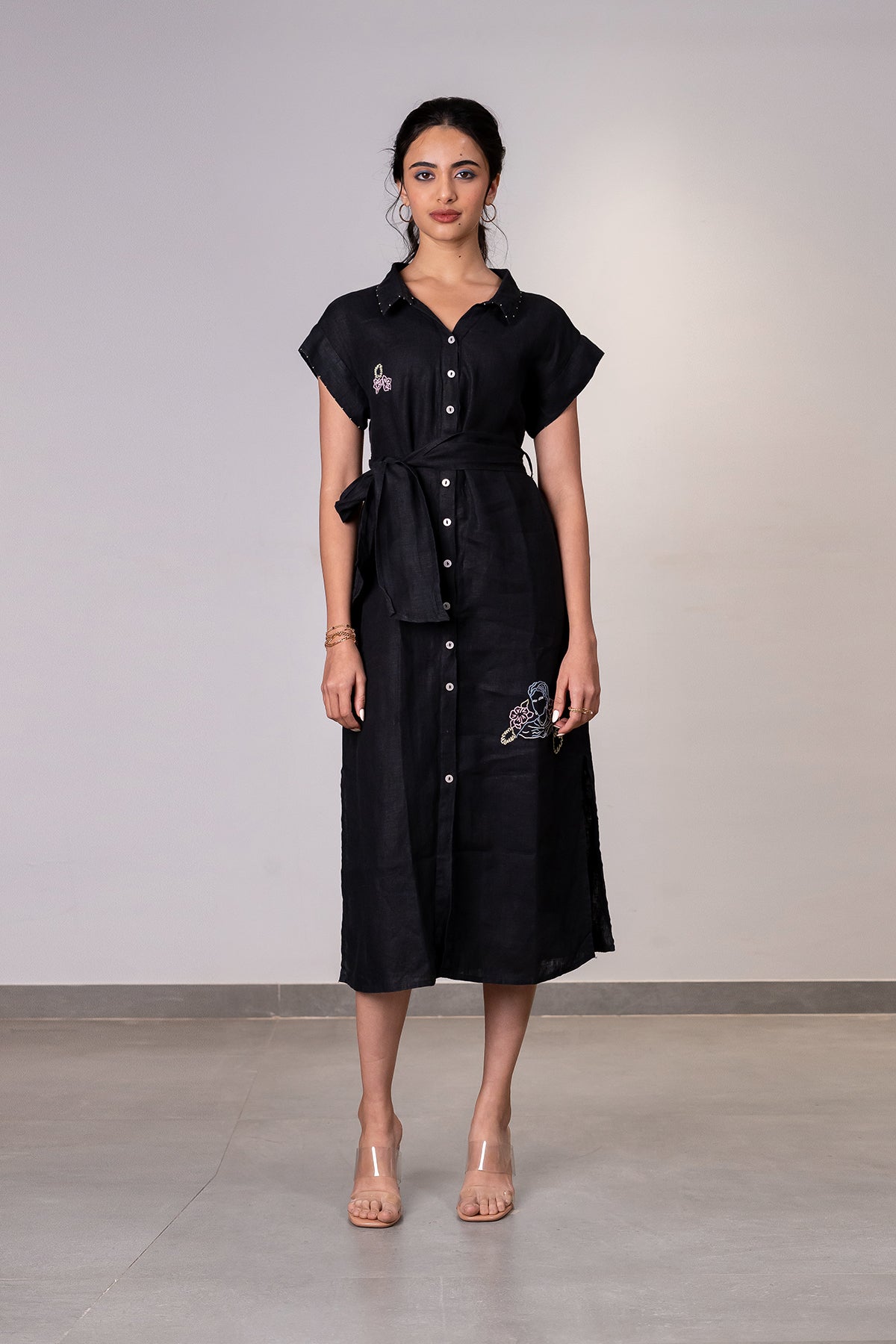 Eliza Linen Kimono Shirt Dress with Pockets Black