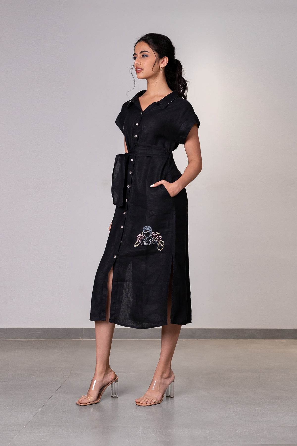 Eliza Linen Kimono Shirt Dress with Pockets - Black