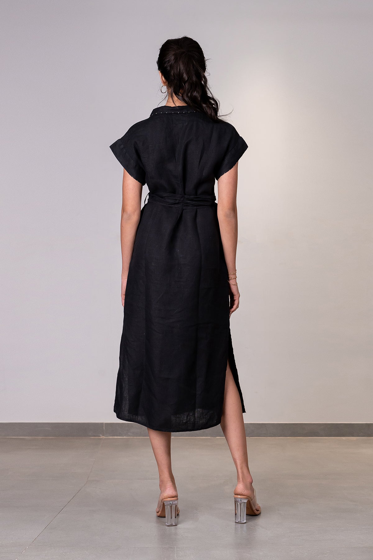 Eliza Linen Kimono Shirt Dress with Pockets - Black