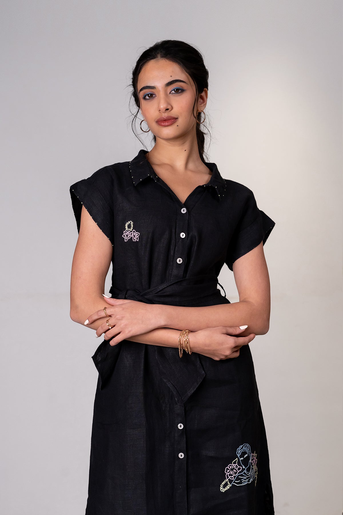 Eliza Linen Kimono Shirt Dress with Pockets - Black