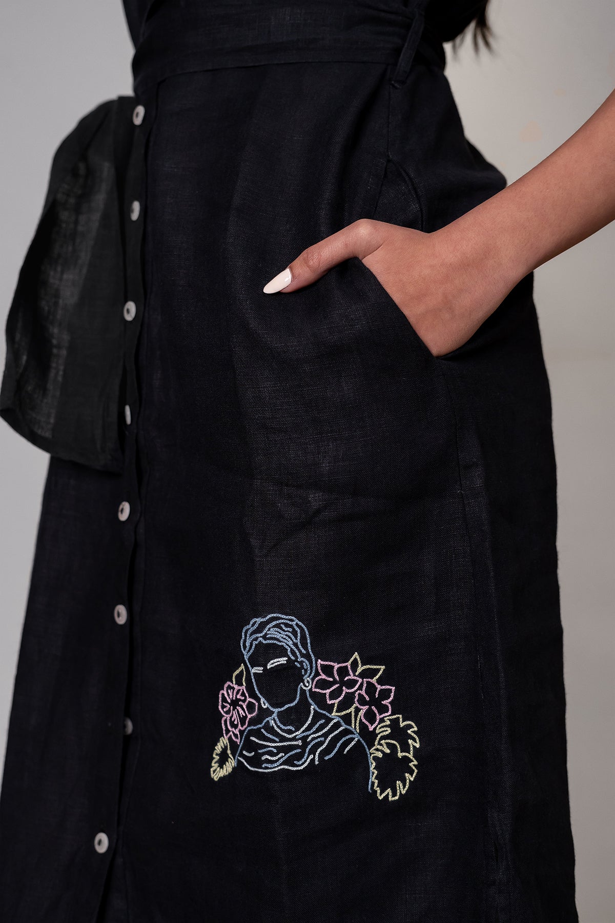 Eliza Linen Kimono Shirt Dress with Pockets - Black