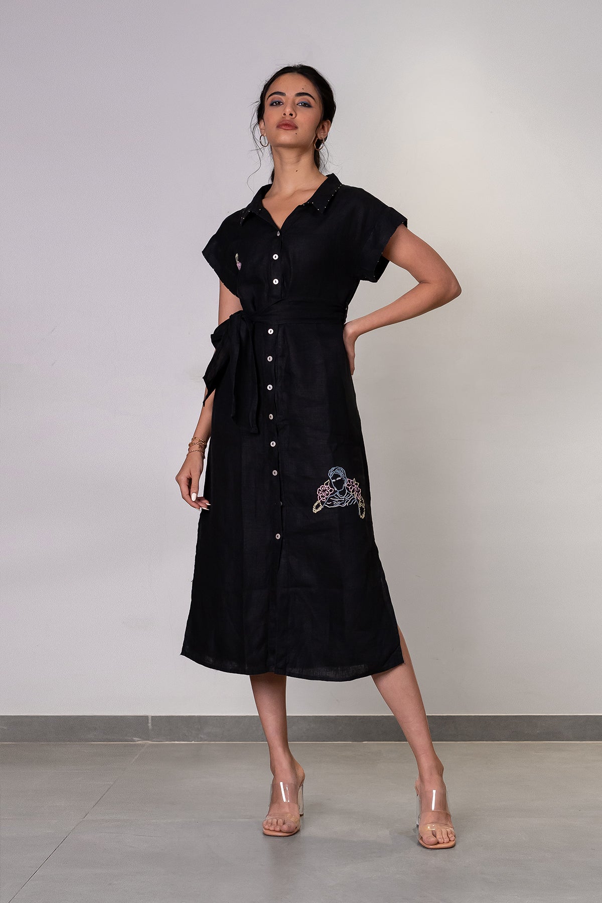 Eliza Linen Kimono Shirt Dress with Pockets - Black