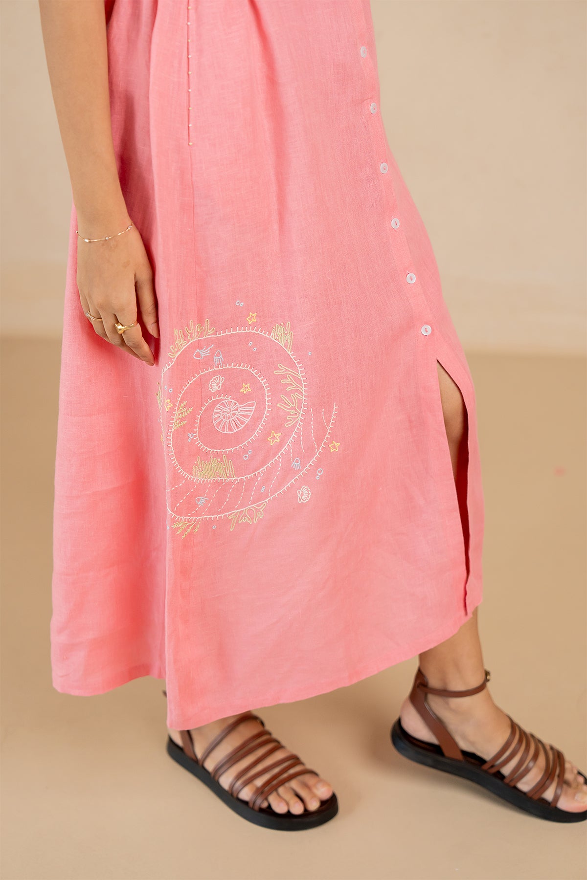 Emilia-Linen-Sleeveless-Elastic-Waist-Long-Dress-Flamingo-Pink-