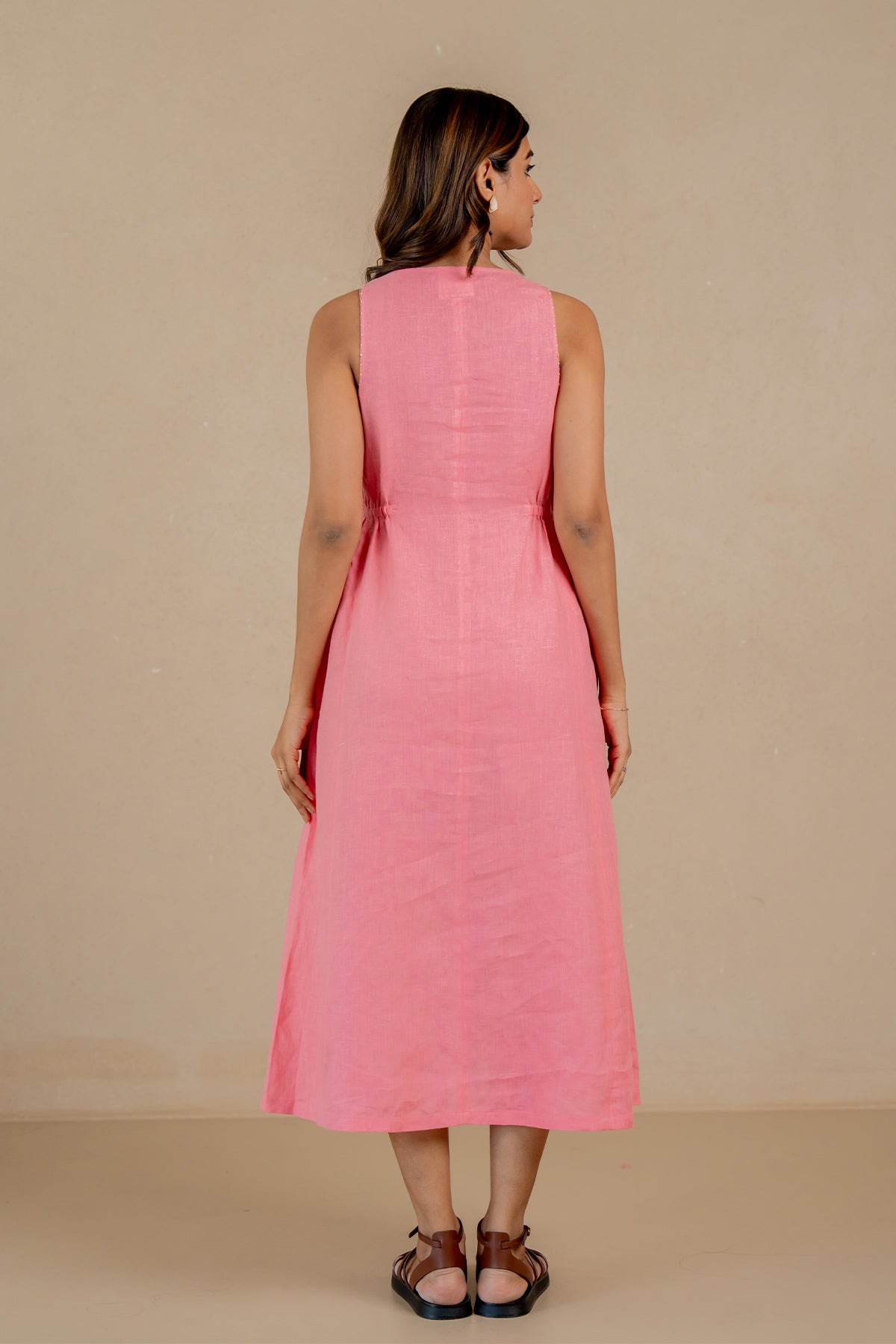 Emilia-Linen-Sleeveless-Elastic-Waist-Long-Dress-Flamingo-Pink-