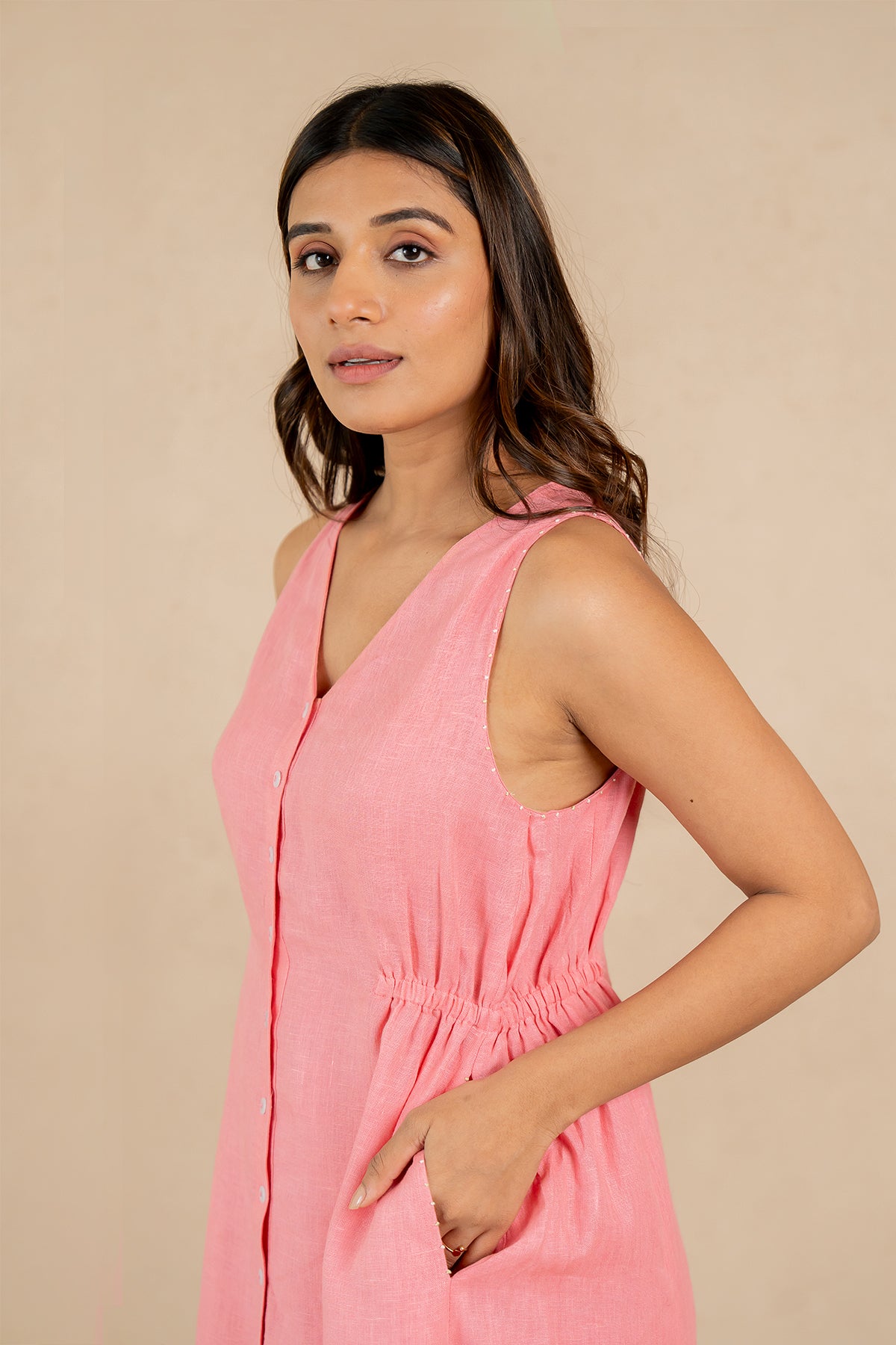 Emilia-Linen-Sleeveless-Elastic-Waist-Long-Dress-Flamingo-Pink-