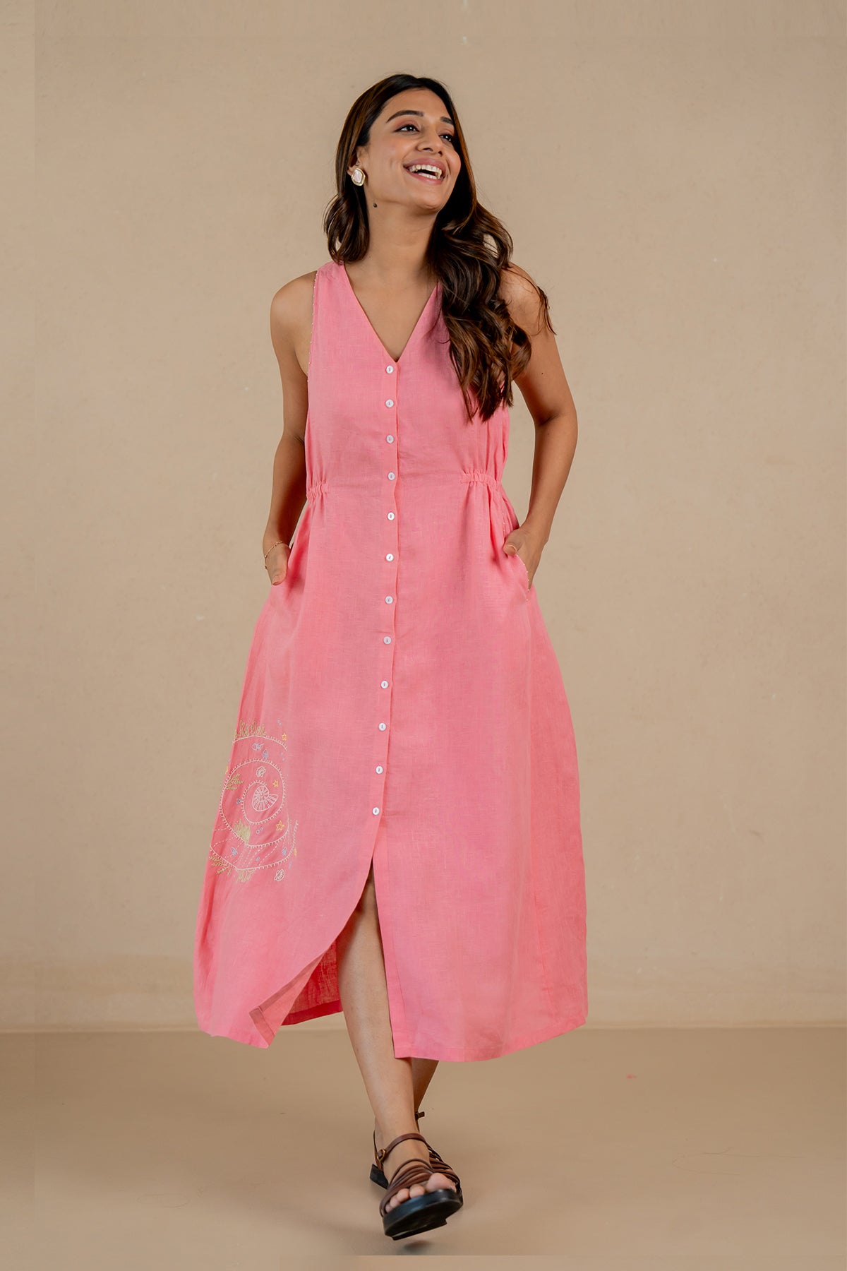 Emilia-Linen-Sleeveless-Elastic-Waist-Long-Dress-Flamingo-Pink-