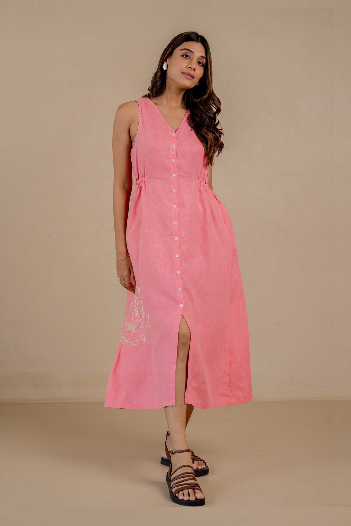 Emilia-Linen-Sleeveless-Elastic-Waist-Long-Dress-Flamingo-Pink-