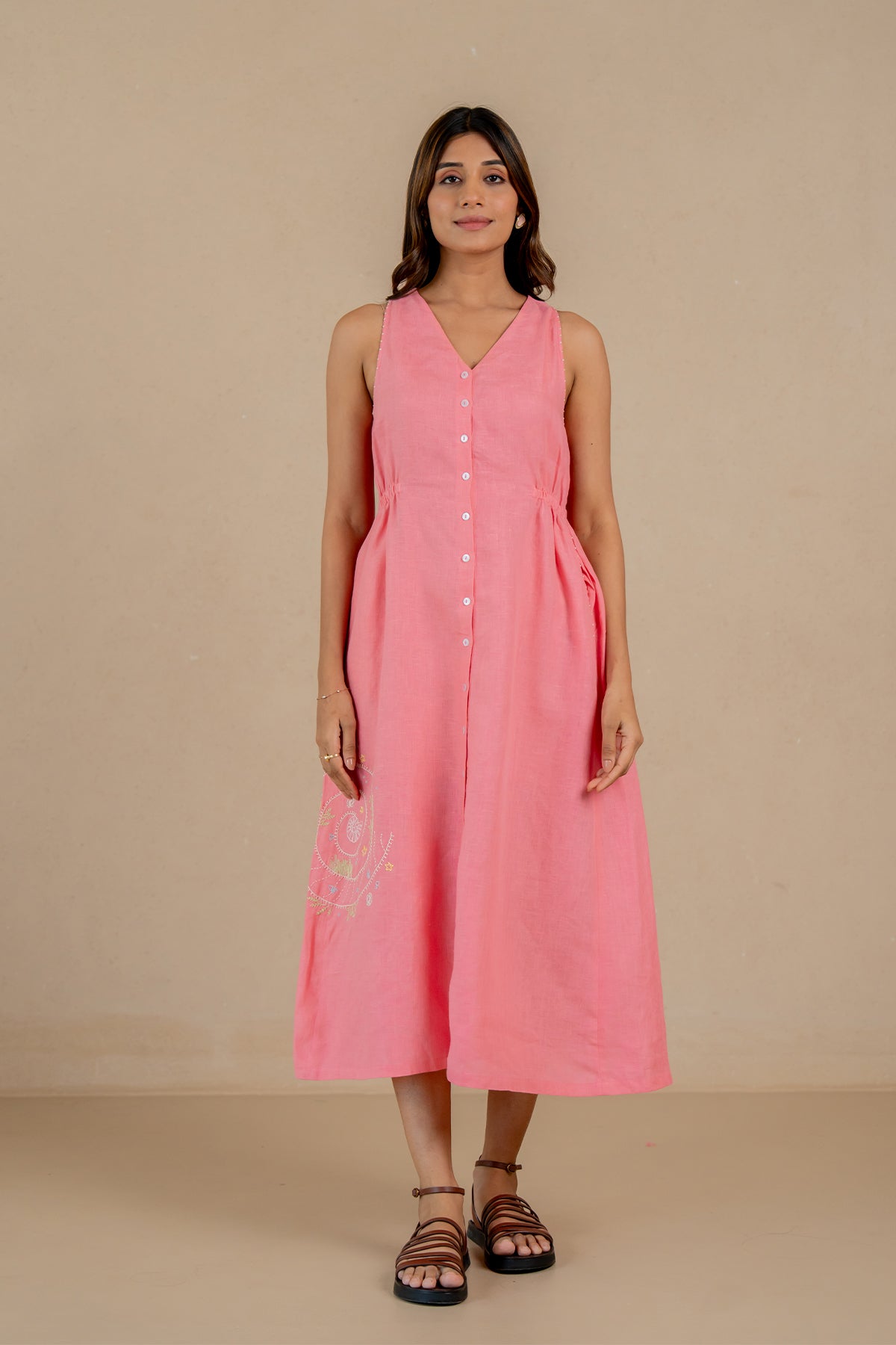 Emilia-Linen-Sleeveless-Elastic-Waist-Long-Dress-Flamingo-Pink-