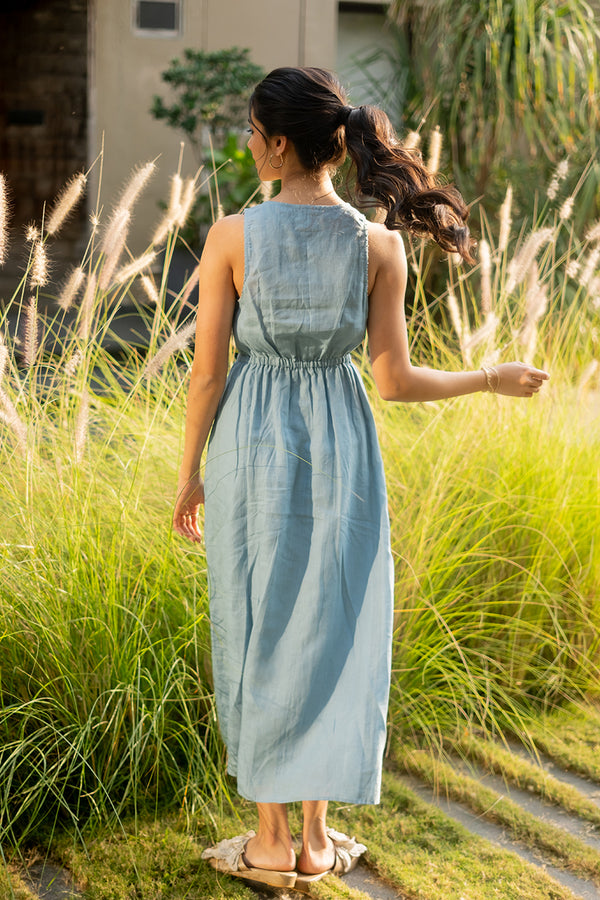 Emilia Linen Sleeveless Elastic Waist Long Dress - Icy Blue