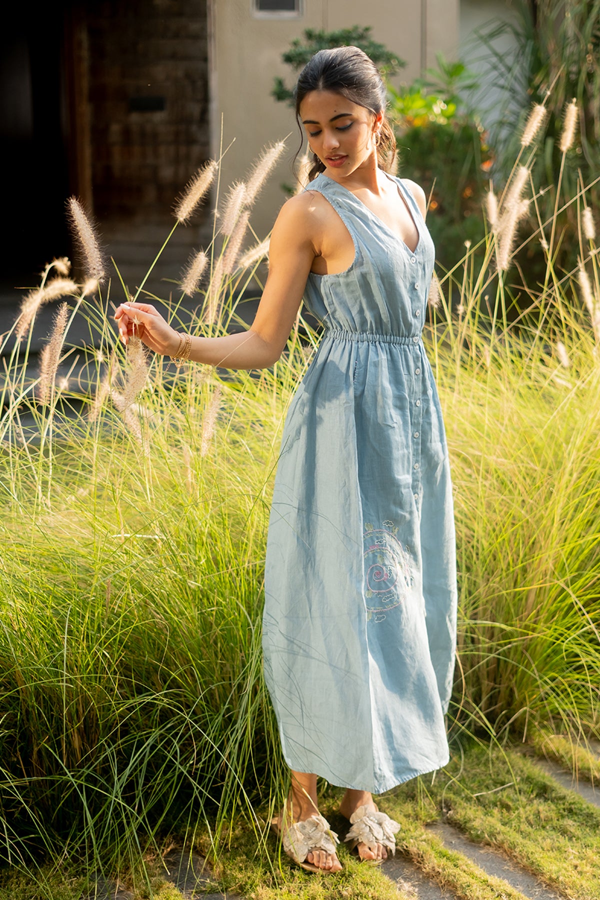 Emilia Linen Sleeveless Elastic Waist Long Dress - Icy Blue