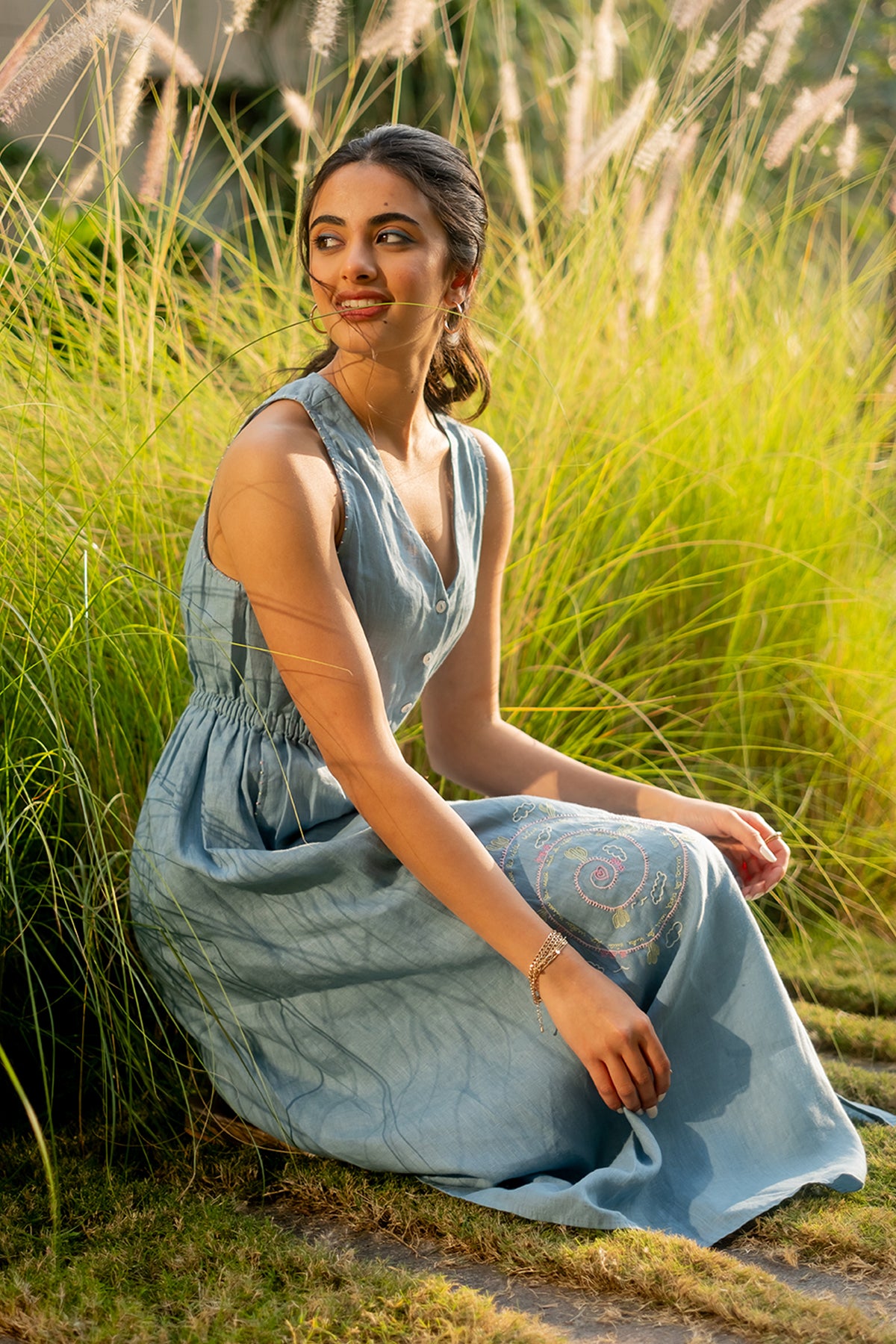 Emilia Linen Sleeveless Elastic Waist Long Dress - Icy Blue