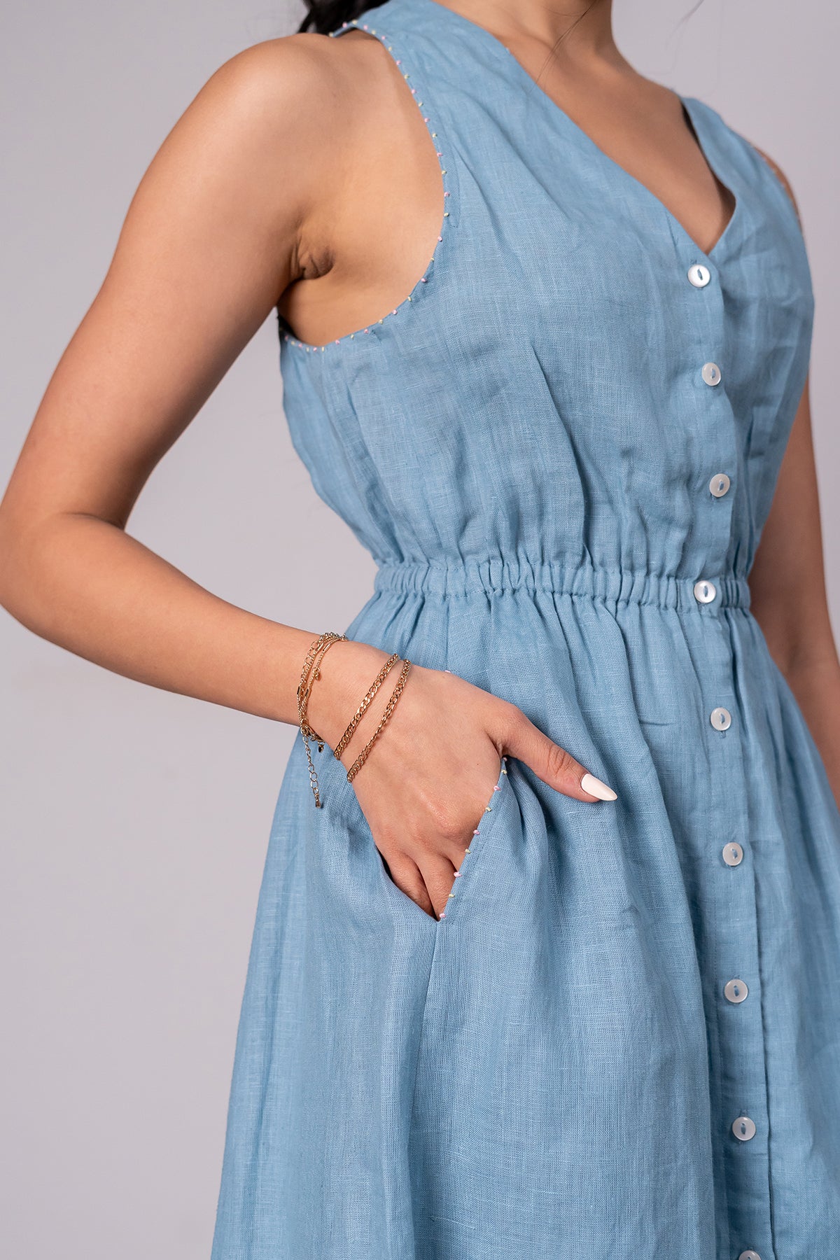 Emilia Linen Sleeveless Elastic Waist Long Dress - Icy Blue