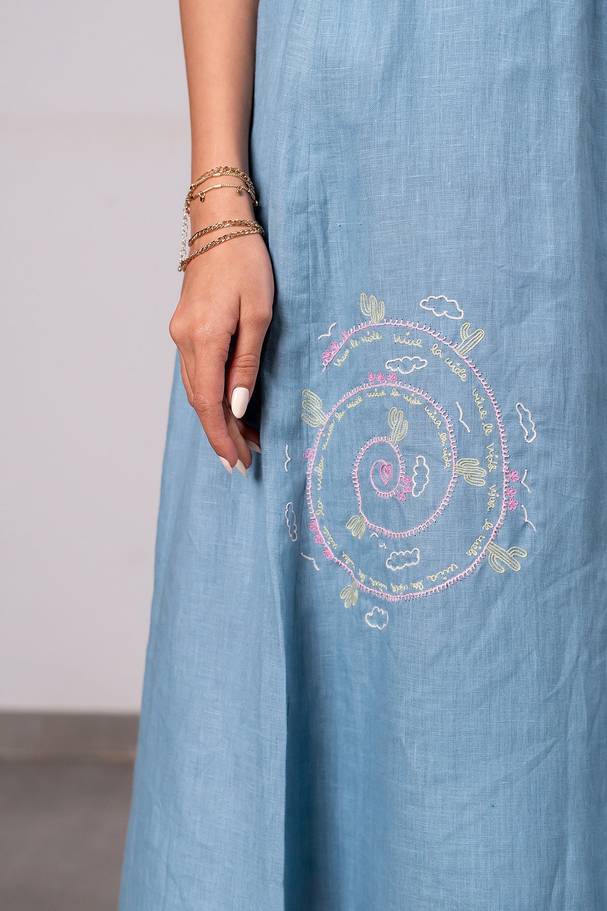 Emilia Linen Sleeveless Elastic Waist Long Dress - Icy Blue
